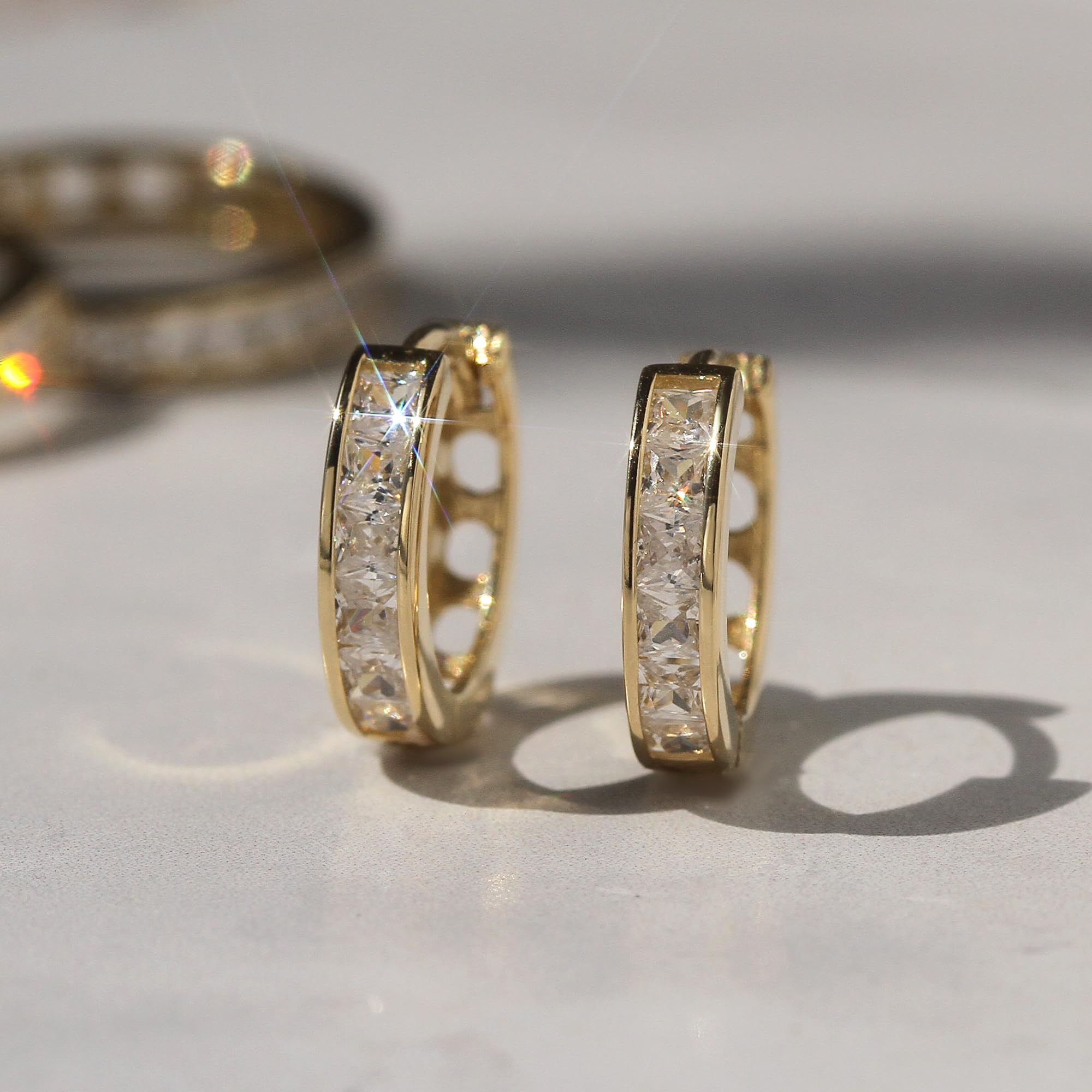 14K Solid Gold Princess Cut Cubic Zirconia Huggie Hoop Earrings - Channel Set Dangle Earrings for Women, Perfect for Weddings, Parties & Everyday Elegance