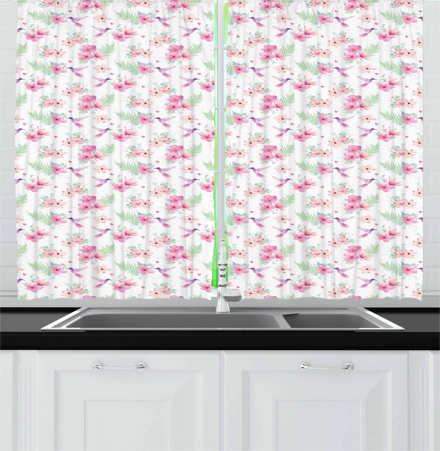 Ambesonne Floral Kitchen Curtains - Hummingbird & Tropical Hibiscus Window Drapes, 2 Panel Set for Kitchen & Cafe Decor, 55