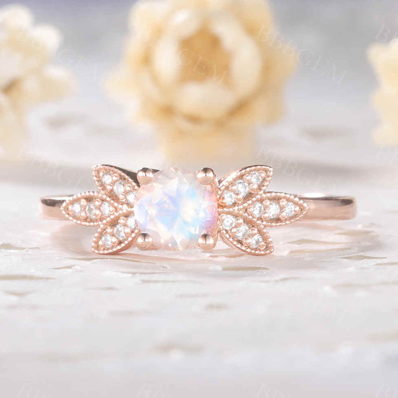 Rainbow Moonstone Diamond Engagement Ring in Rose Gold – Unique Bridal Jewelry for Women | Perfect for Proposals, Weddings & Anniversary Gifts