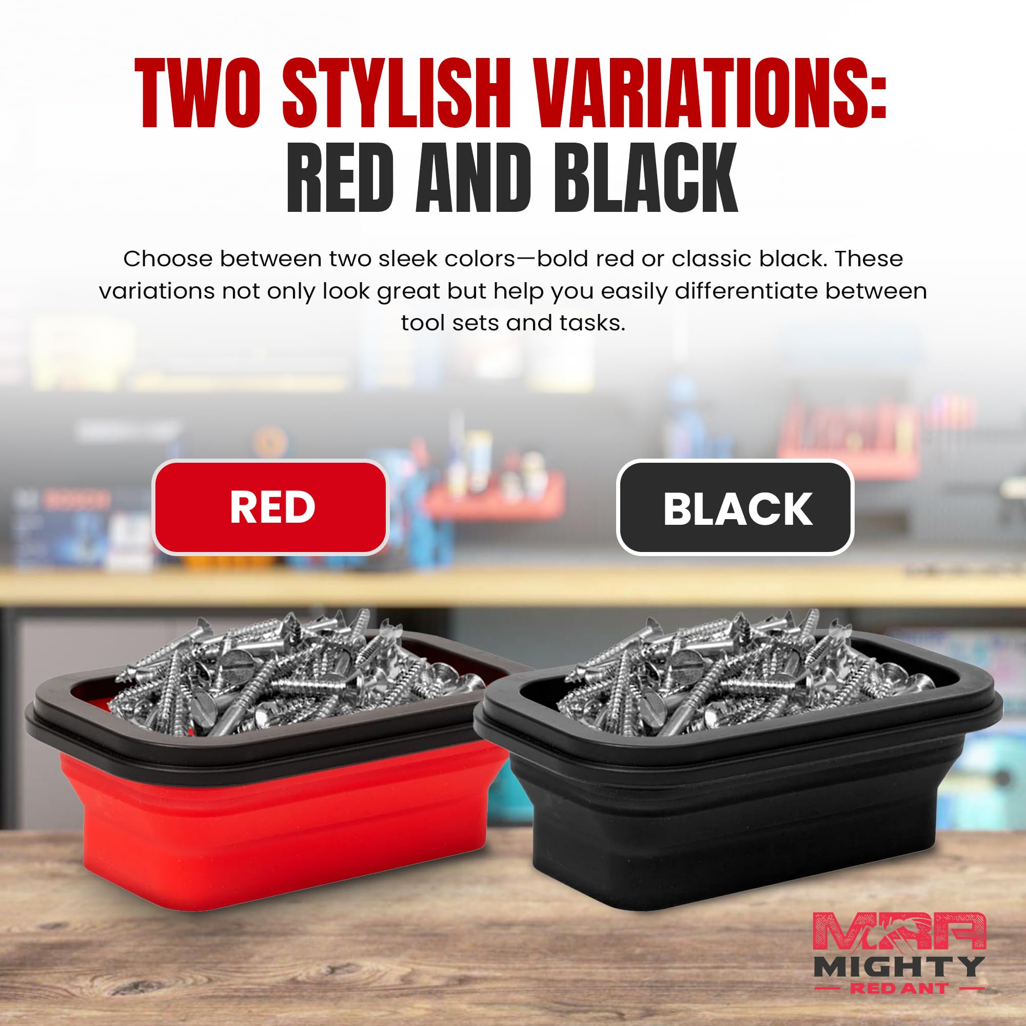 3-Piece Collapsible Magnetic Tool Tray Set - Foldable Silicone Organizer for Screws, Nuts, Bolts & Small Metal Parts with Strong Magnetic Base (Red) | Perfect for Mechanics, DIY Projects & Workshop Organization
