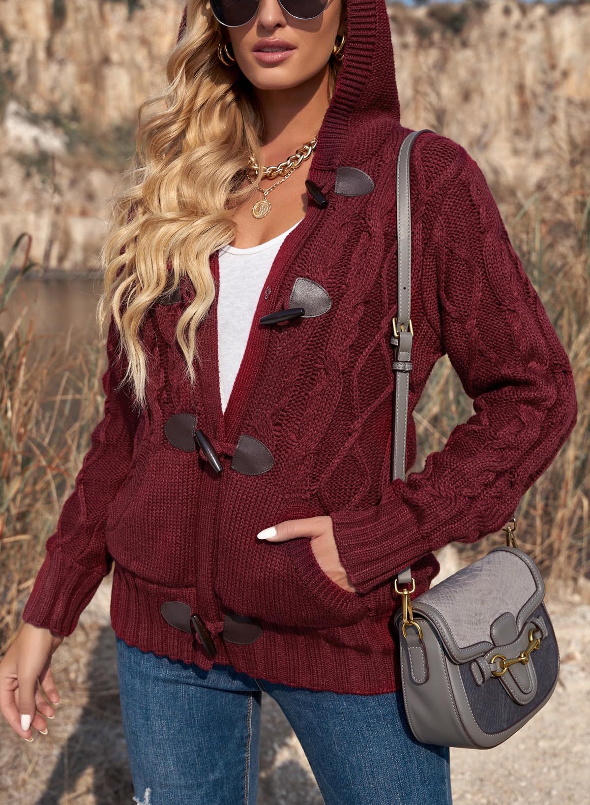 Dokotoo Women's Winter Hooded Cardigan Sweater - Button Up Cable Knit Coat Jacket with Pockets | Warm Outerwear for Casual Wear, Office & Holiday Outfits