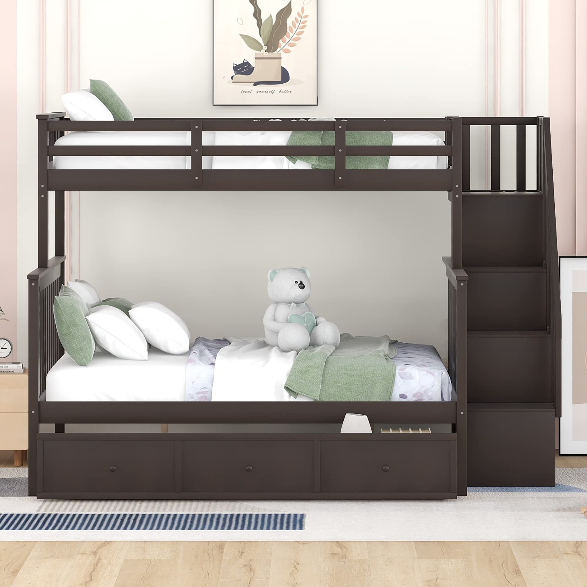 Twin Over Full Bunk Bed with Stairs and Storage - Wooden Stairway Bunk Bed with Drawers & Shelves for Bedroom, Dorm, Kids Room - Espresso Finish - Space Saving Furniture for Small Rooms & Shared Spaces