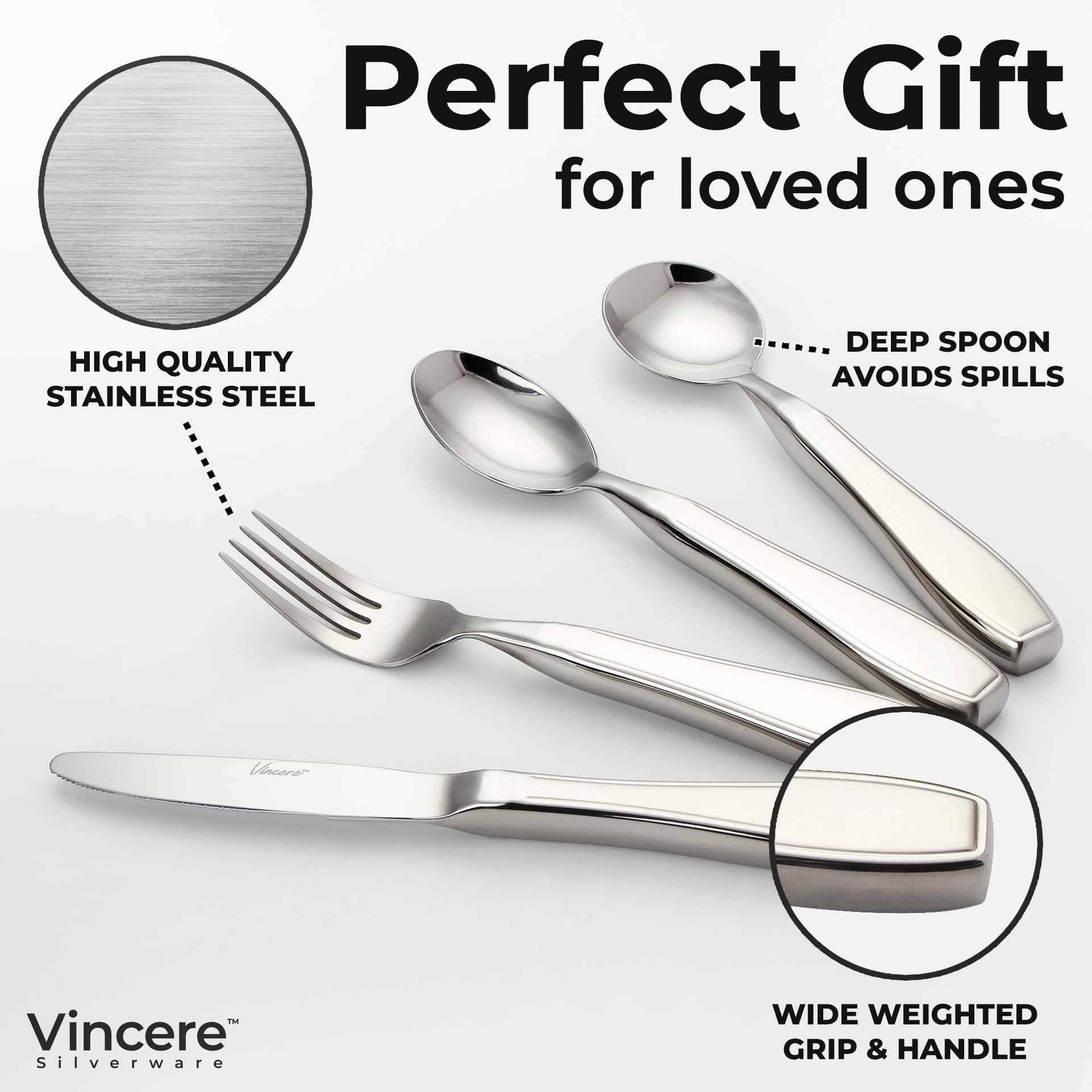 Weighted Utensils for Tremors & Parkinson's - Heavy Stainless Steel Adaptive Silverware Set (7oz) - Helps with Hand Tremors, Parkinson's & Arthritis - Includes Knife, Fork & Spoons - Ideal for Easier Eating & Independent Living