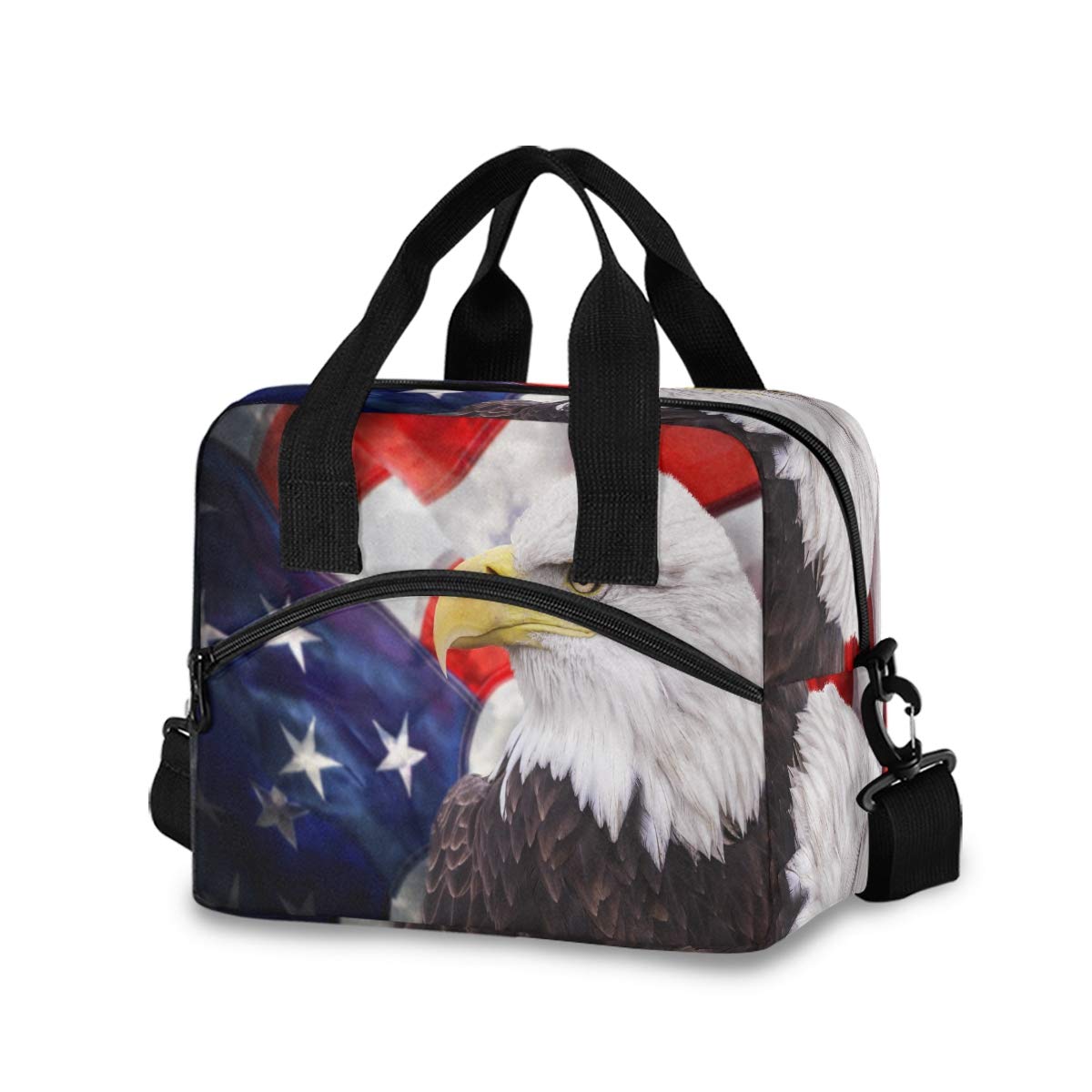 Patriotic Insulated Crossbody Lunch Bag with Shoulder Strap & Ice Packs - USA Flag Eagle Design for Women, Men & Kids - Perfect for Work, School, Picnics & Outdoor Activities
