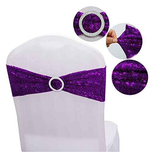 100pcs Dark Purple Sequin Chair Sashes - Stretch Spandex with Buckle for Wedding, Banquet, Birthday, Graduation, Party Decor - Elegant Chair Bands for Celebrations & Special Events - Perfect for Prom, Anniversary & Reception Decorations