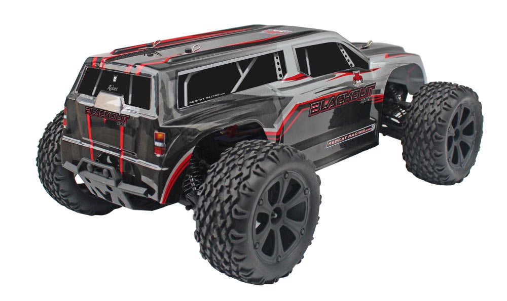Redcat Racing Blackout XTE 1/10 Scale Electric Monster Truck - Waterproof RC Car for Off-Road Bashing, Silver/Red SUV Body (Blackout-XTE-SILVERSUV) | Ideal for Backyard Racing & Outdoor Adventure