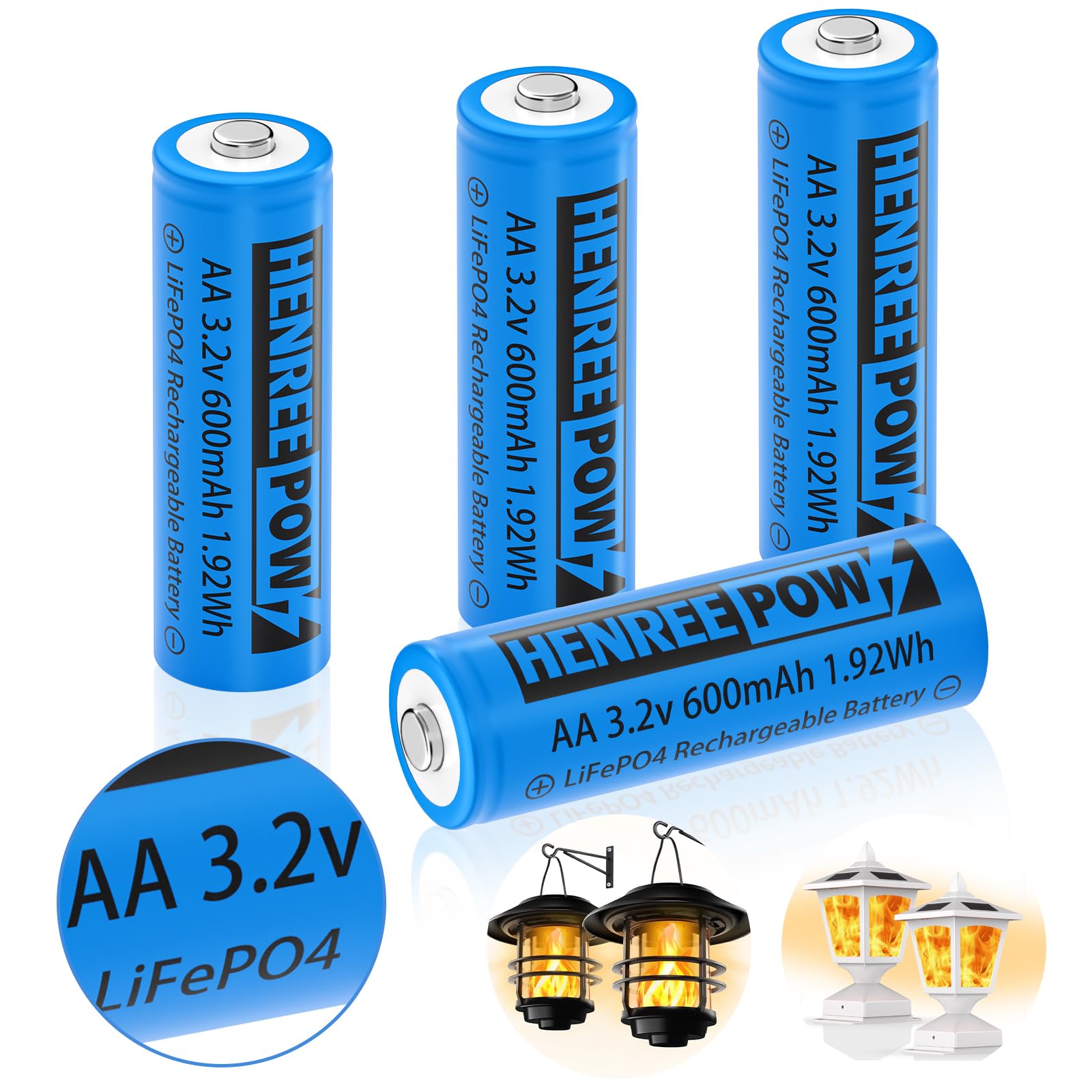 Henreepow 3.2V 600mAh AA LiFePO4 Rechargeable Batteries - 4 Pack, Low Self-Discharge, Long Lasting Power for Solar Lights, Wall Lanterns, Garden Post Lights - Perfect for Outdoor Solar Lighting and Emergency Power Backup