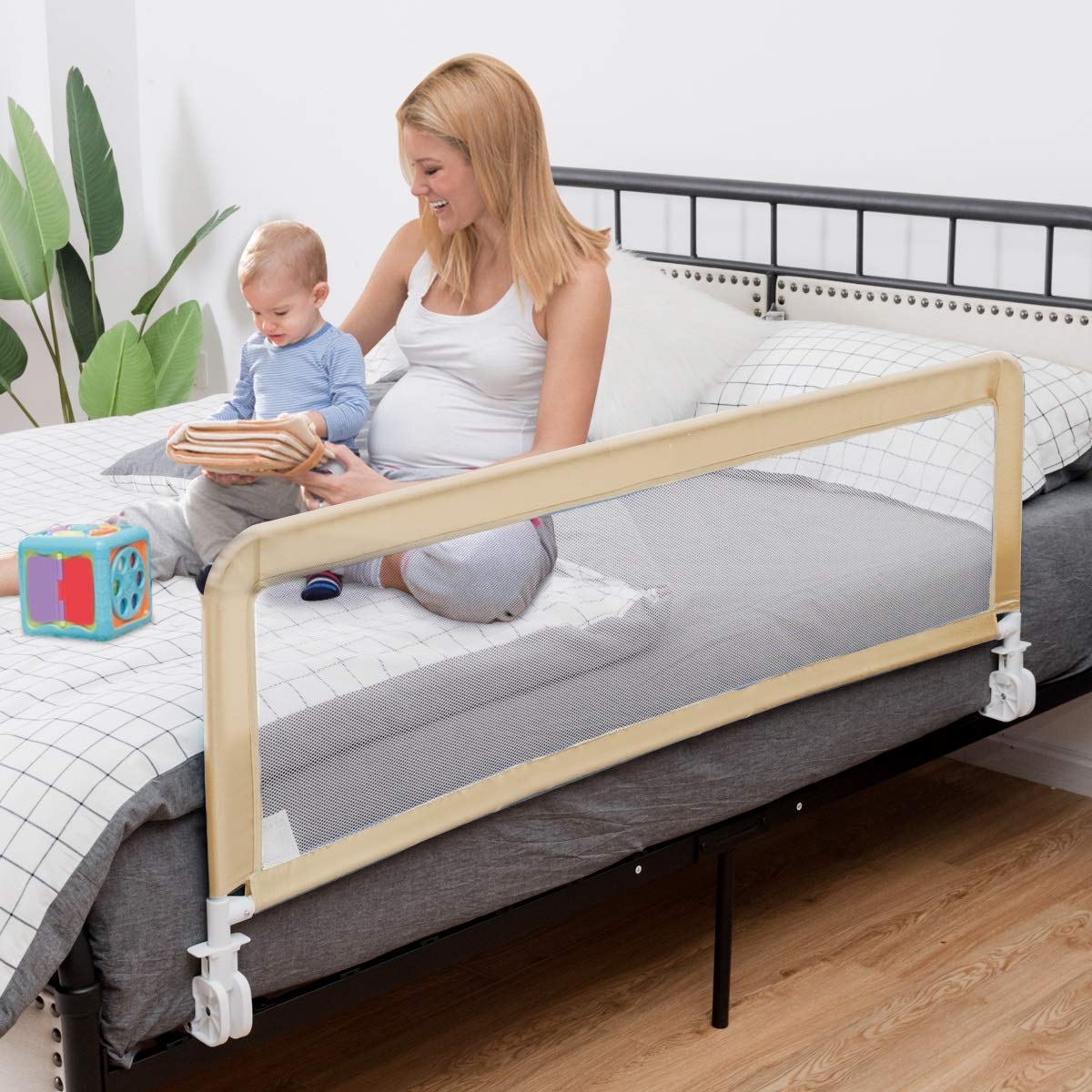 Costzon 2-Pack Extra Long Swing Down Bed Rails for Toddlers - 59-Inch Safety Bed Guards with Straps for Convertible Crib, Twin, Full, Queen & King Size Beds - Foldable Baby Bed Rail for Kids (Beige) | Perfect for Toddler Transition, Child Safety & Peace of Mind