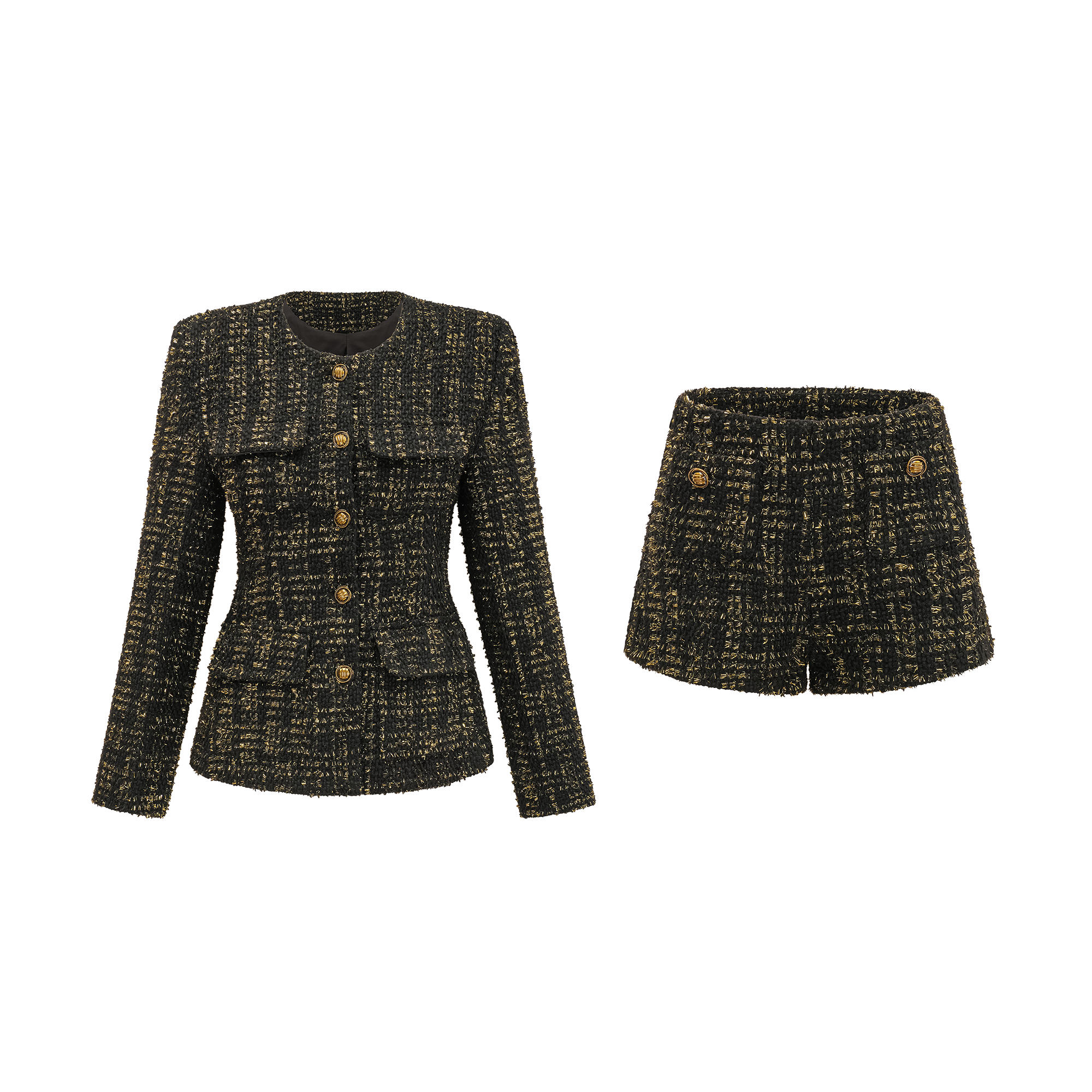 Claudine Black Metallic Tweed Jacket & Shorts Matching Set - Women's Elegant Two-Piece Outfit for Party, Dinner & Special Occasions