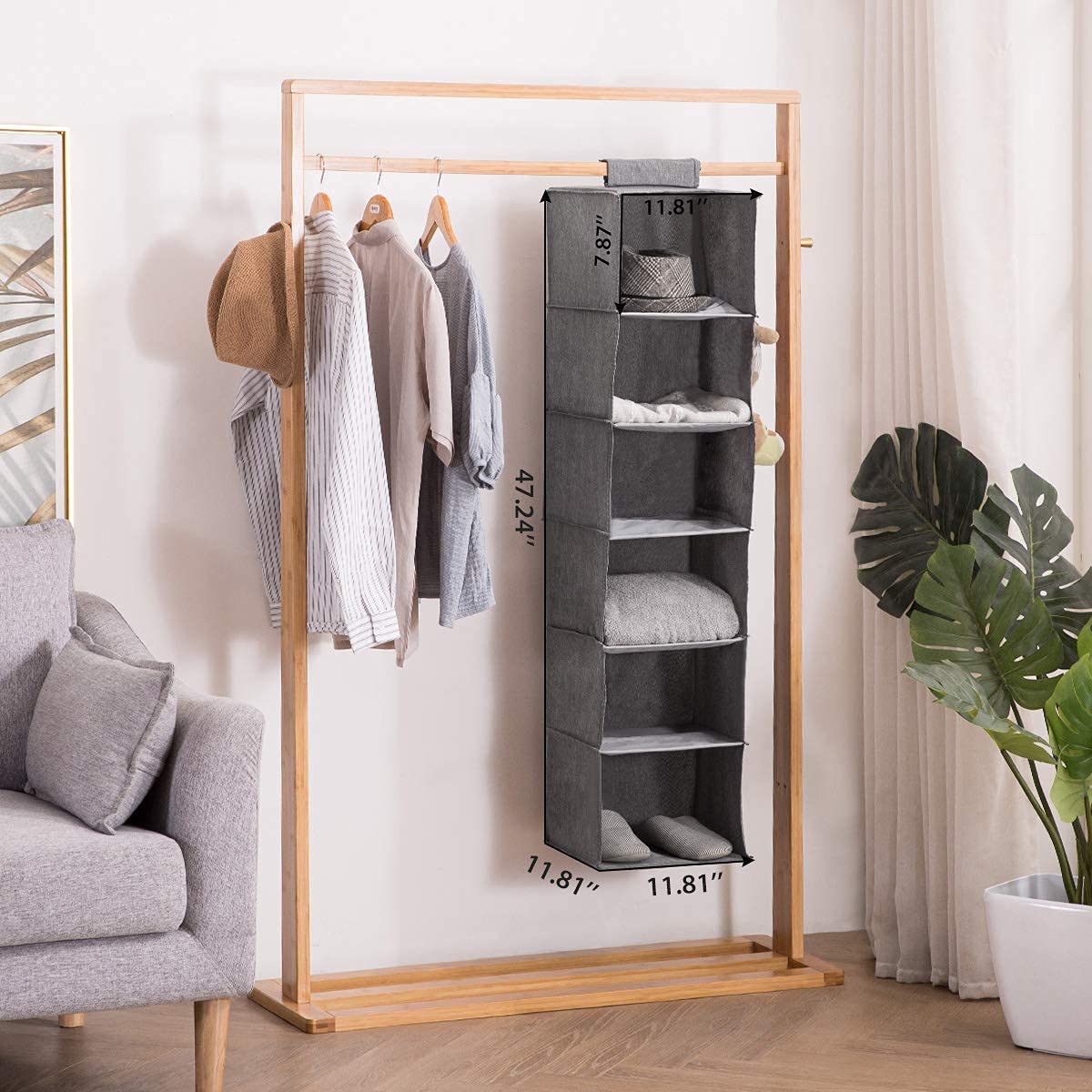 6-Shelf Hanging Closet Organizer with Side Pockets - Space Saving Cloth Storage for Clothes, Shoes & Accessories - Durable Cationic Polyester - Perfect for Bedroom, Dorm, Apartment & Small Spaces