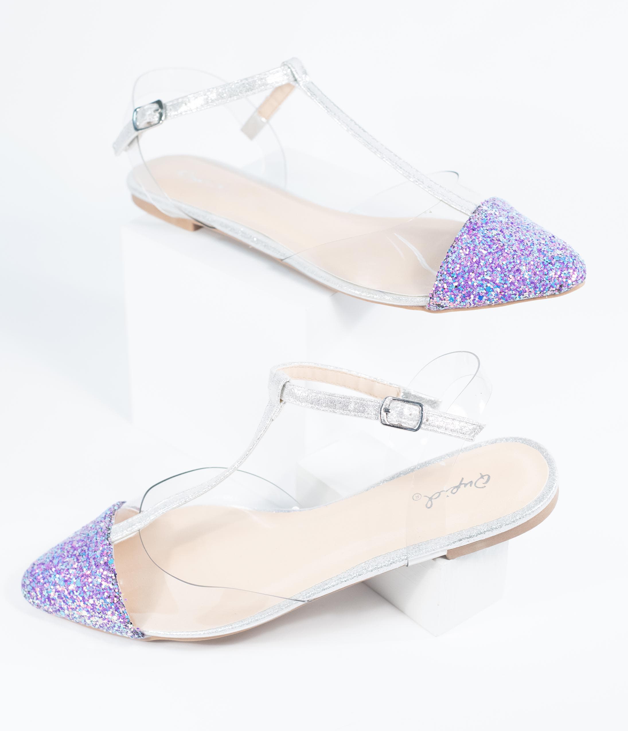 Lilac Purple Glitter & Clear Vinyl T-Strap Ballet Flats for Women - Comfortable Casual Shoes for Party, Wedding & Everyday Wear