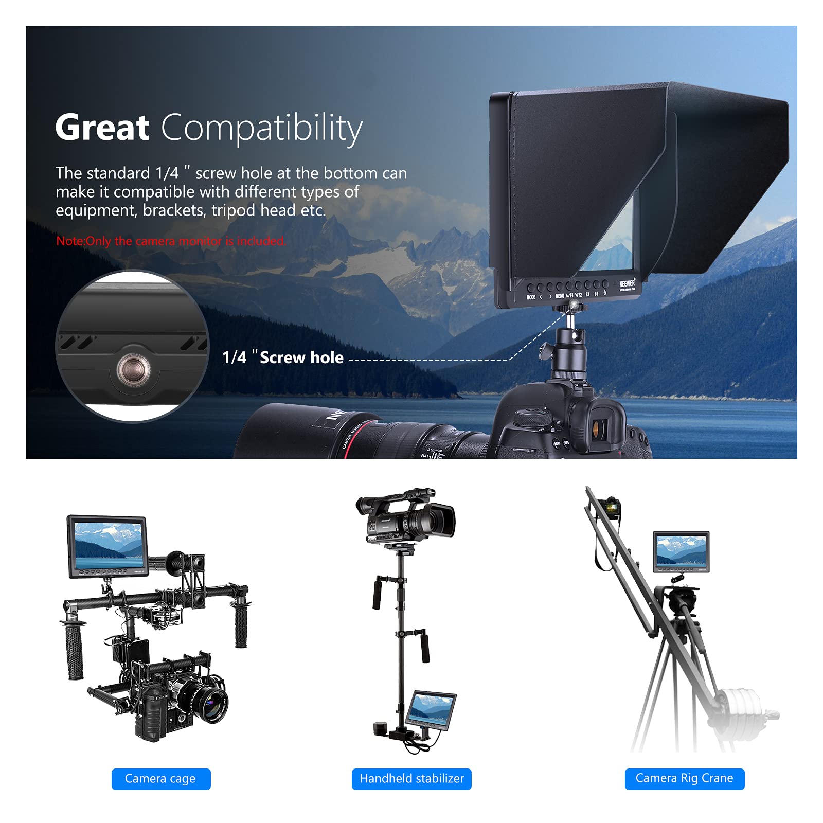 Neewer F100 7 Inch HD IPS Camera Field Monitor 1280x800 HDMI Input 1080p Video Assist with 2600mAh Li-ion Battery, USB Charger & Carrying Case - Perfect for DSLR Cameras, Stabilizers, Film Rigs, and Professional Video Production