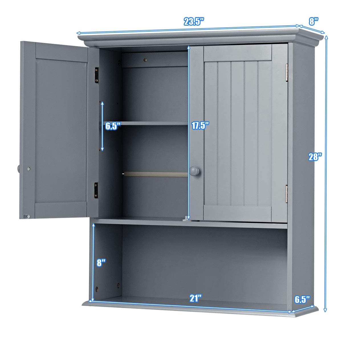 GOFLAME 2-Door Wall Mounted Bathroom Cabinet - Adjustable Shelf Wooden Medicine Storage with Hanging Design, Large Capacity Gray Bathroom Organizer | Perfect for Toilet, Vanity & Shower Storage Organization