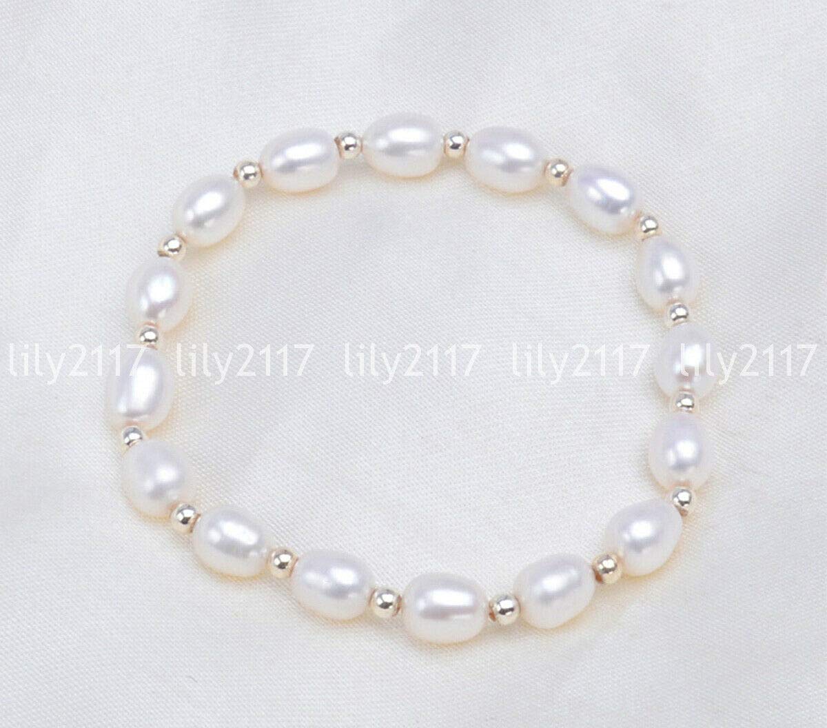 Genuine 6-7mm White Natural Freshwater Pearl Rice Bead Bracelet - 7.5