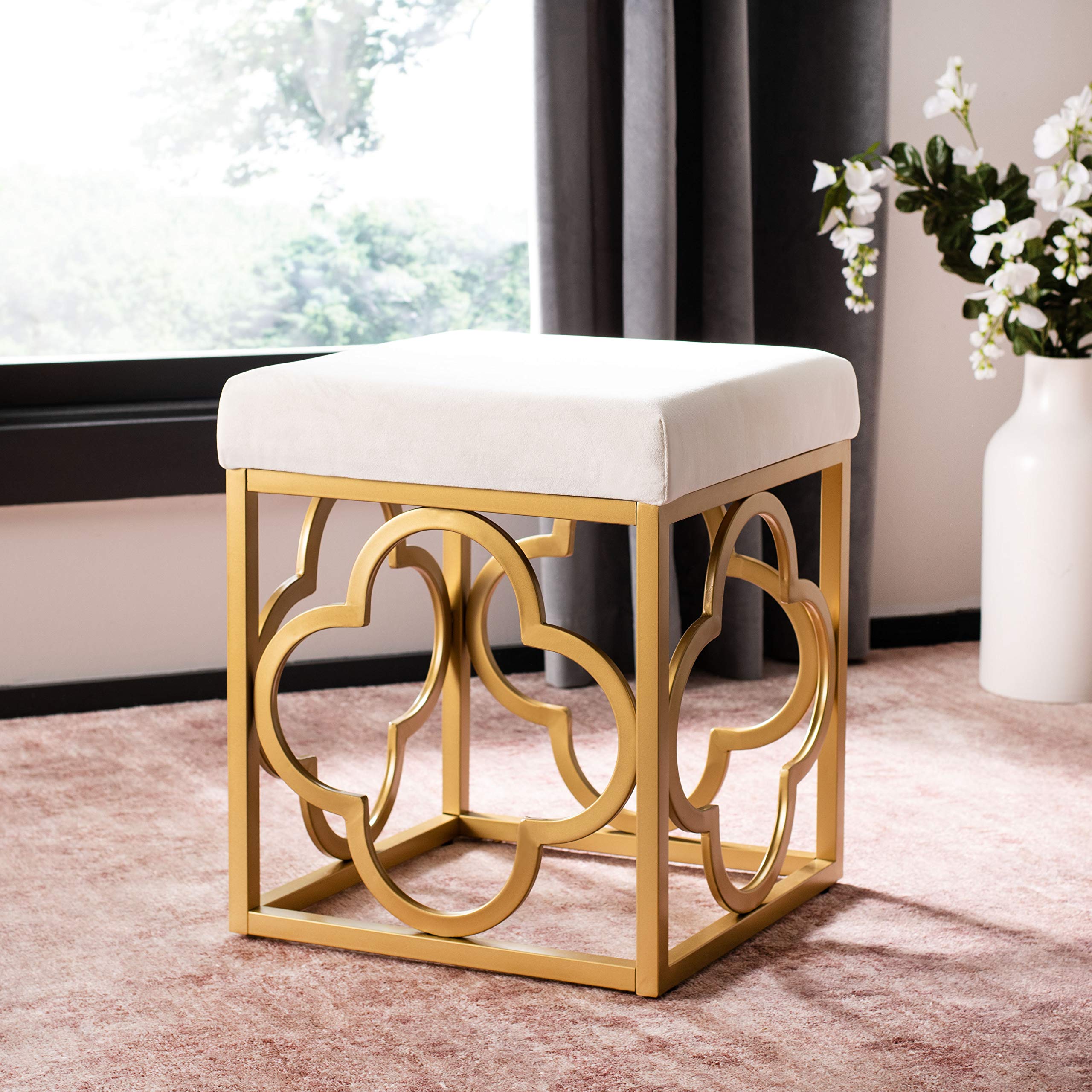 Safavieh Home Fleur Glam Velvet Square Ottoman in Cream & Gold - Luxurious Velvet Storage Ottoman for Living Room, Bedroom, or Dressing Area