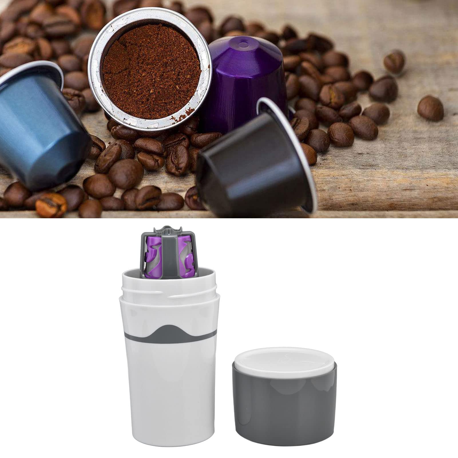 Portable Drip Coffee Maker for Travel & Camping - Compact K Cup Coffee Machine with Reusable Capsules, Lightweight & Easy to Use - Perfect for Outdoor Adventures, Office, Road Trips (Grey & White)
