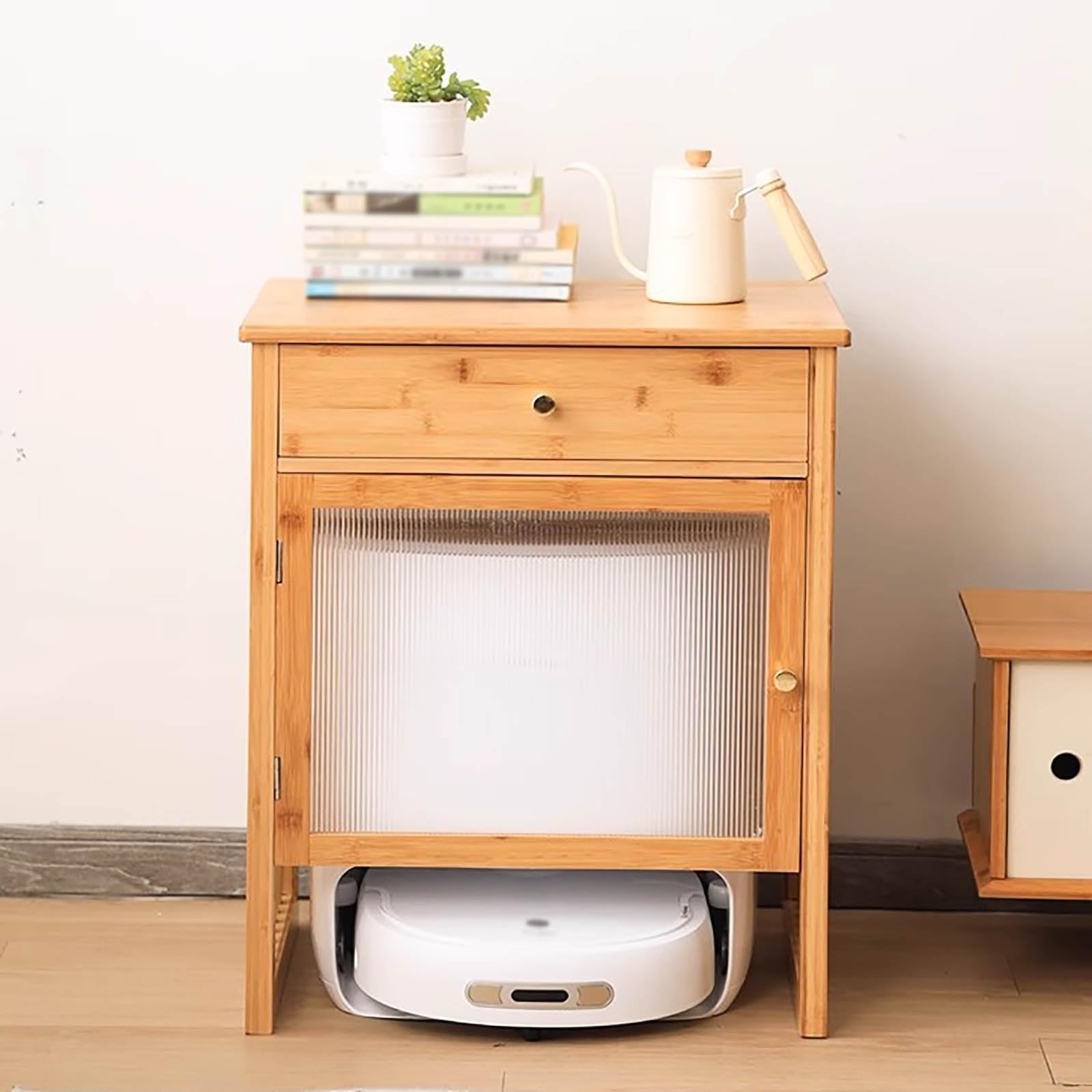 Wooden Robot Vacuum Cleaner Storage Stand with Cabinet - Organizer for Self-Emptying Robotic Vacuum & Mop - Compact Storage Rack (Light Grey, 52x41x63.5cm/20.5x16x25.5in) - Perfect for Living Room, Bedroom & Home Office Organization