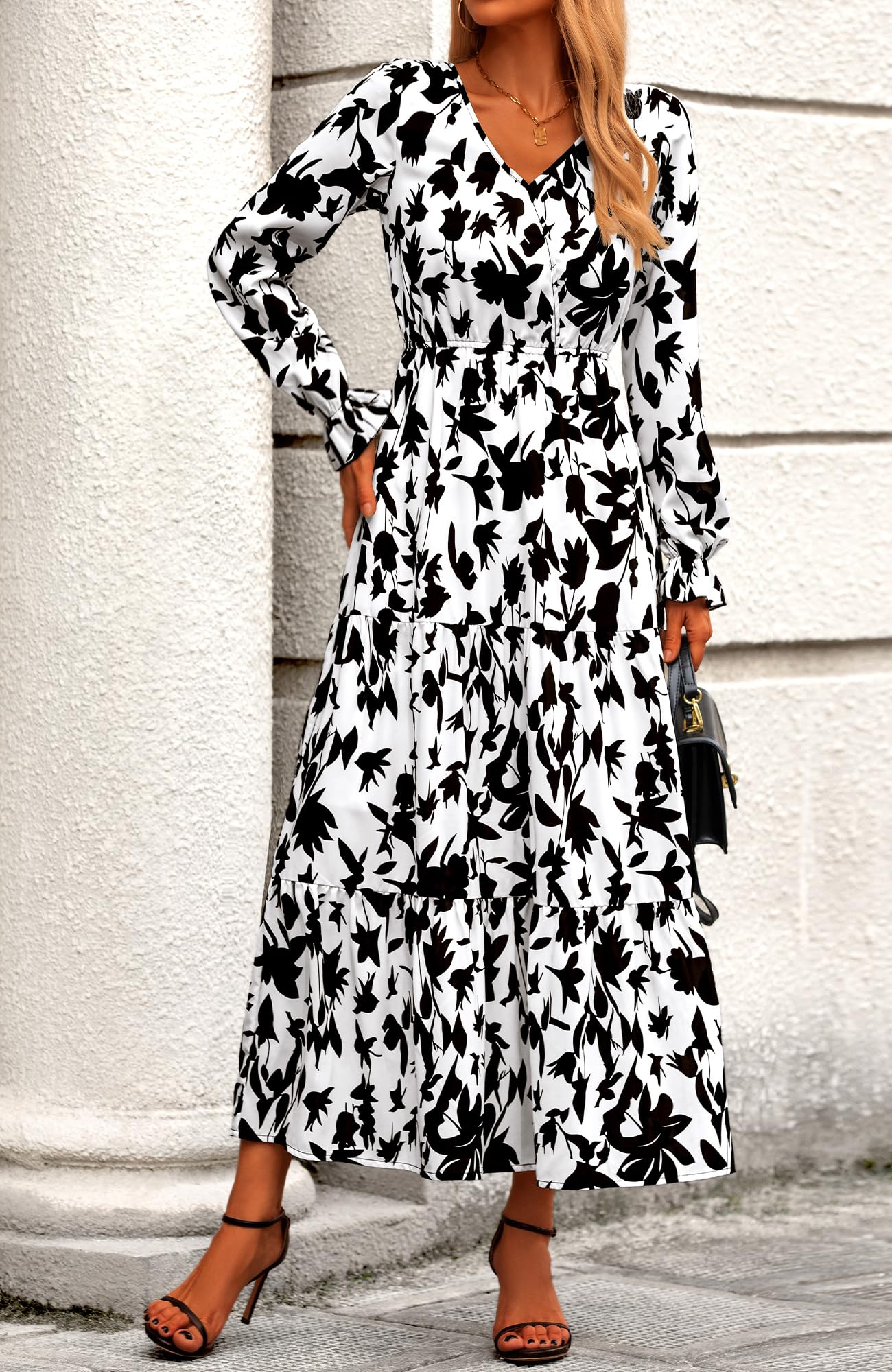 BTFBM Women's Floral Boho Maxi Dress 2025 - Long Sleeve V-Neck Casual Spring Dress for Wedding Guest, Beach Vacation & Date Night