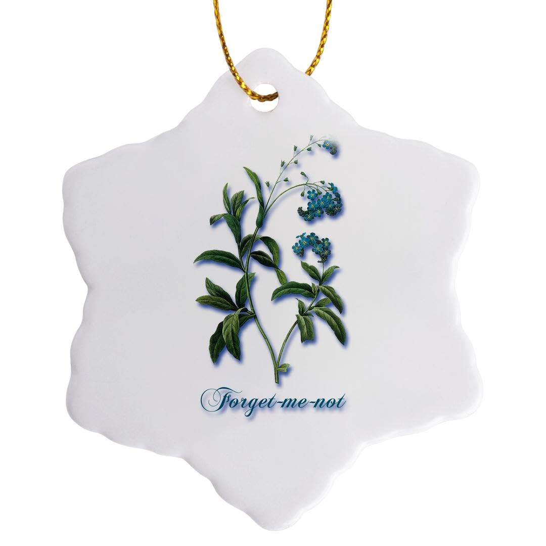 3-Inch Porcelain Snowflake Ornament with Tiny Blue Forget-Me-Not Flowers - Botanical Print Home Decor for Christmas Tree, Gift, or Winter Wedding Decoration