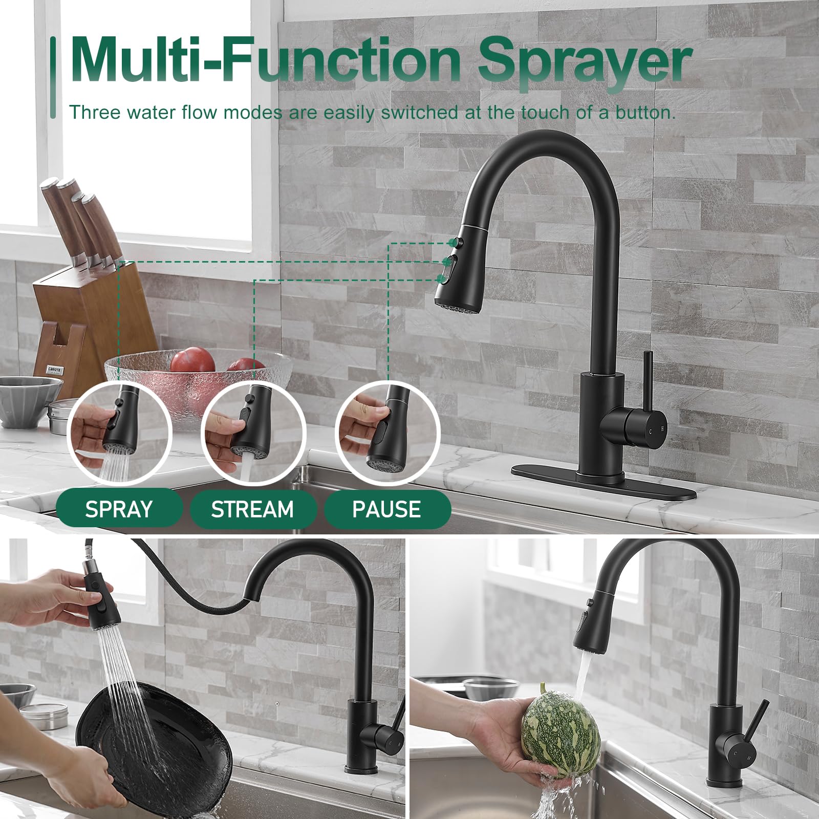 VOTON Black Pull Down Kitchen Faucet with Sprayer - Modern Single Handle High Arc Sink Faucet for 1 or 3 Hole Installation - Perfect for Farmhouse, RV, Camper, Bar & Laundry Sinks - Durable & Stylish Design for Everyday Cooking and Cleaning
