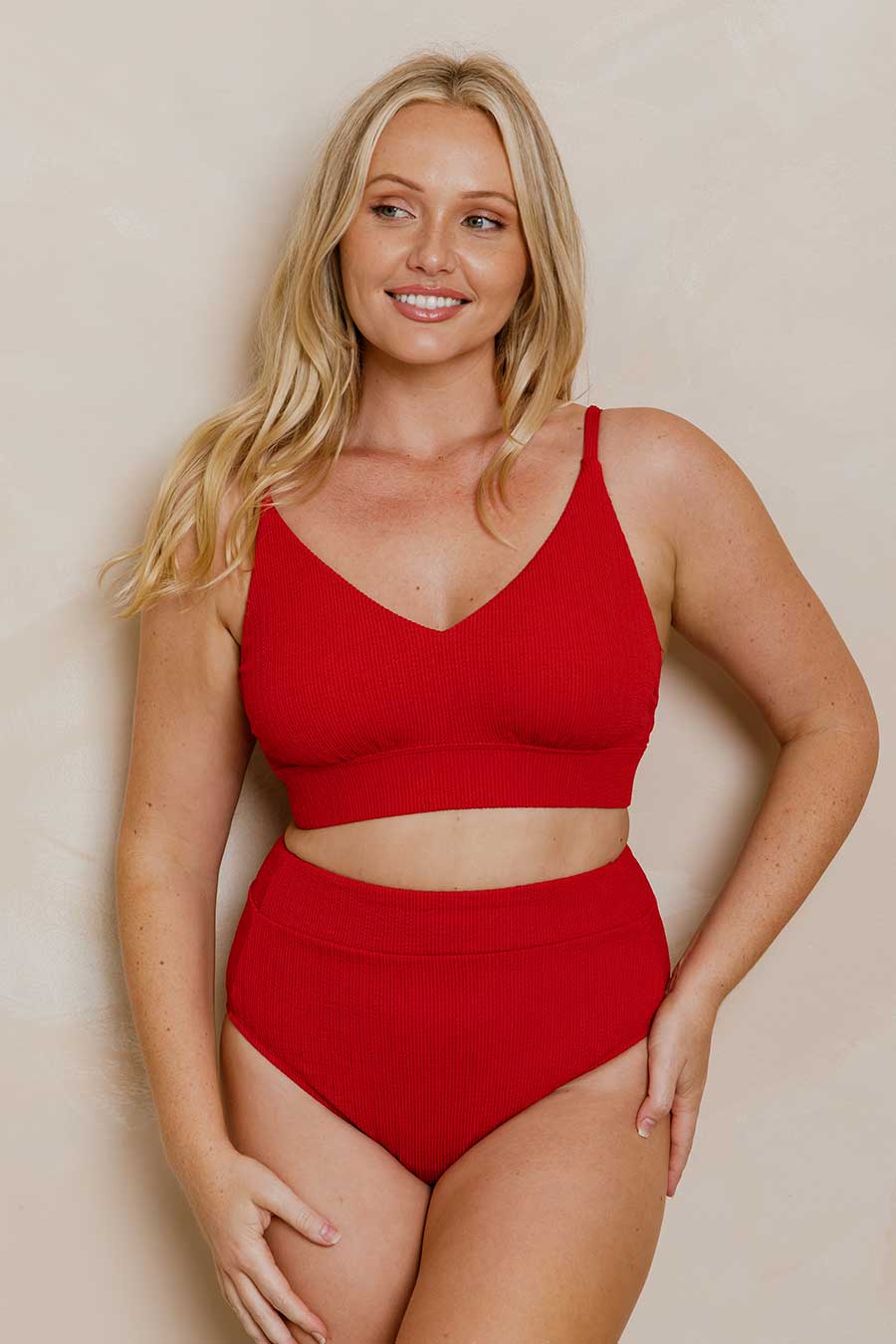 Byron Adjustable Bikini Top for Women - Red Textured Swimwear for Beach, Pool & Summer Vacations