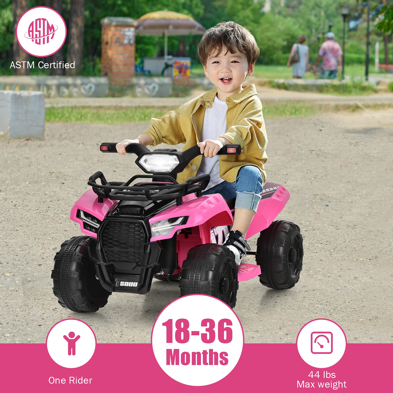 Costzon 6V Kids Electric ATV Quad with Storage Basket, Headlight, Horn & Music - Pink Ride-On Toy Car for Toddlers 18-36 Months | MP3/USB Player | Outdoor & Indoor Play for Boys & Girls