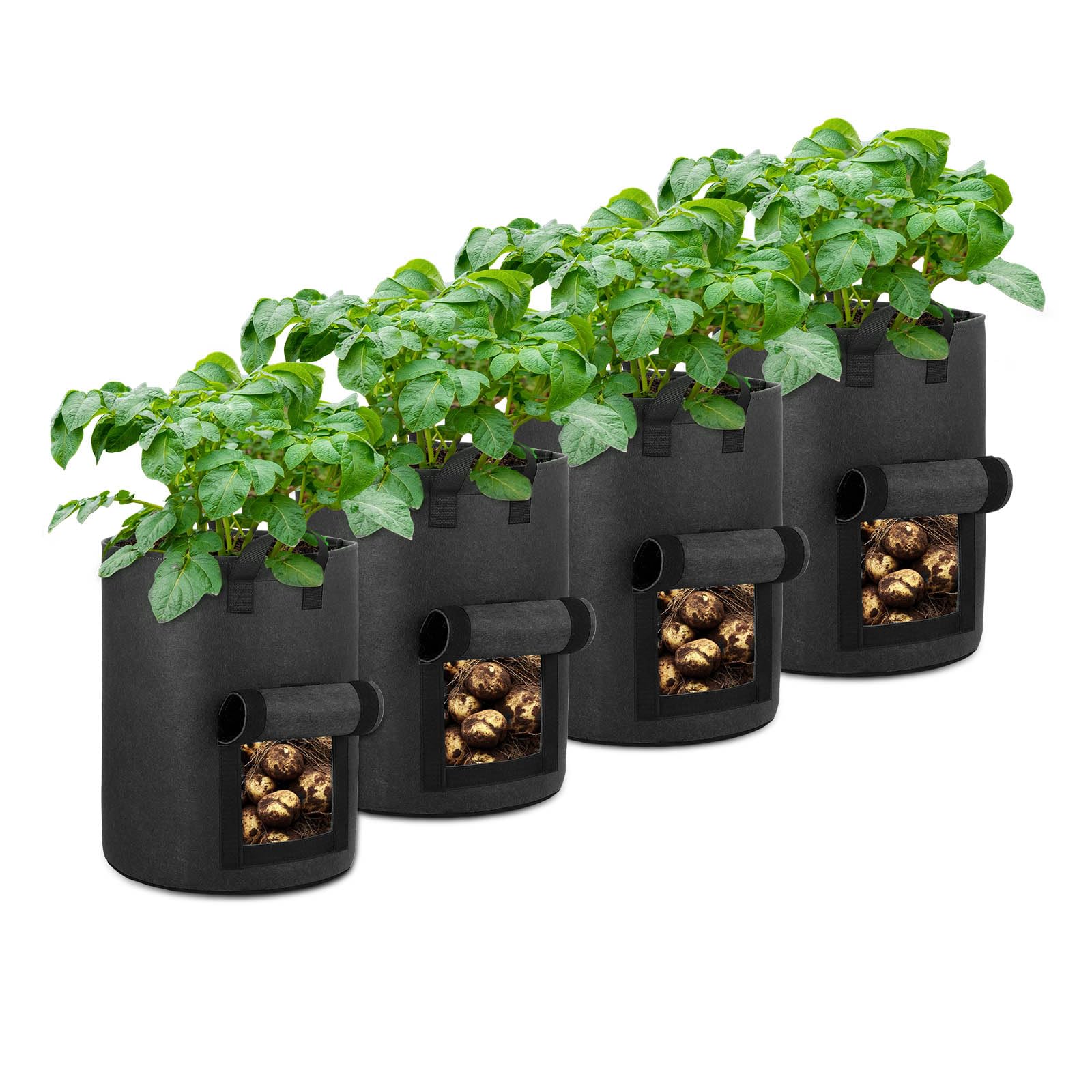 4-Pack 10 Gallon Potato Grow Bags with Viewing Window - Heavy Duty Aeration Fabric Plant Pots with Handles for Gardening, Vegetables & Root Crops (Black) - Perfect for Patio, Balcony & Indoor Planting