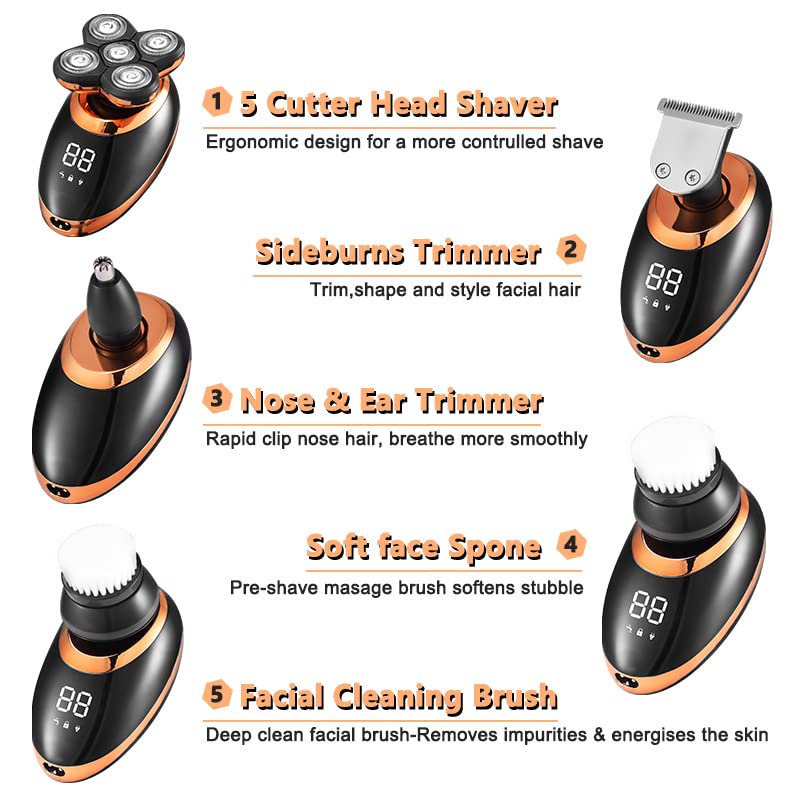 Premium 5D Electric Head Shaver for Bald Men - 5 Floating Blades, Beard & Nose Hair Trimmer with LCD Display (Silver, Package A) - Perfect for Home, Travel & Gym Grooming