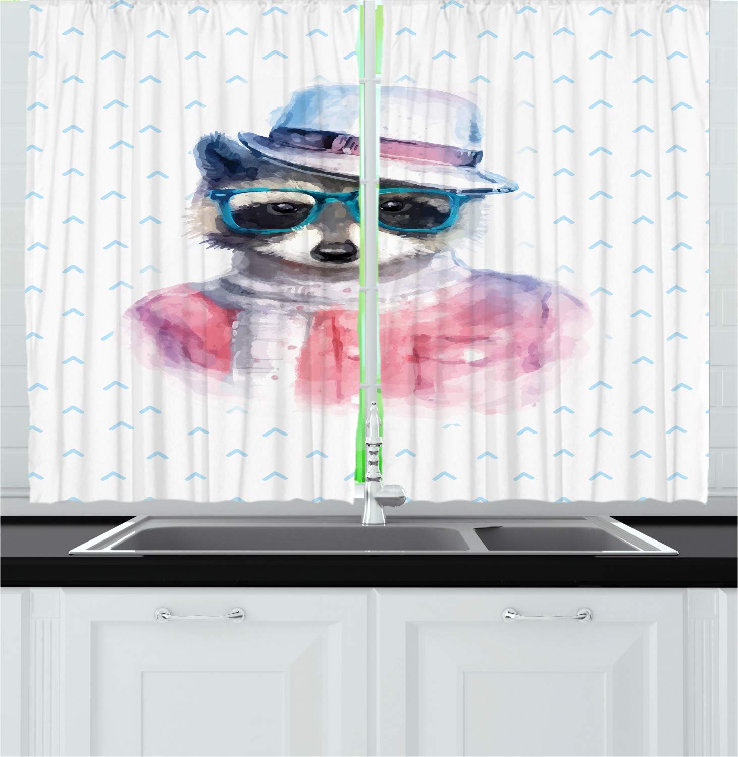 Ambesonne Funny Long Kitchen Curtains - Retro Hipster Raccoon with Sunglasses & Hat Animal Print Design, 2 Panel Rod Pocket Drapes for Windows (55x45 Inch, Pink & Blue) - Perfect for Farmhouse, Cafe, or Retro-Themed Home Decor