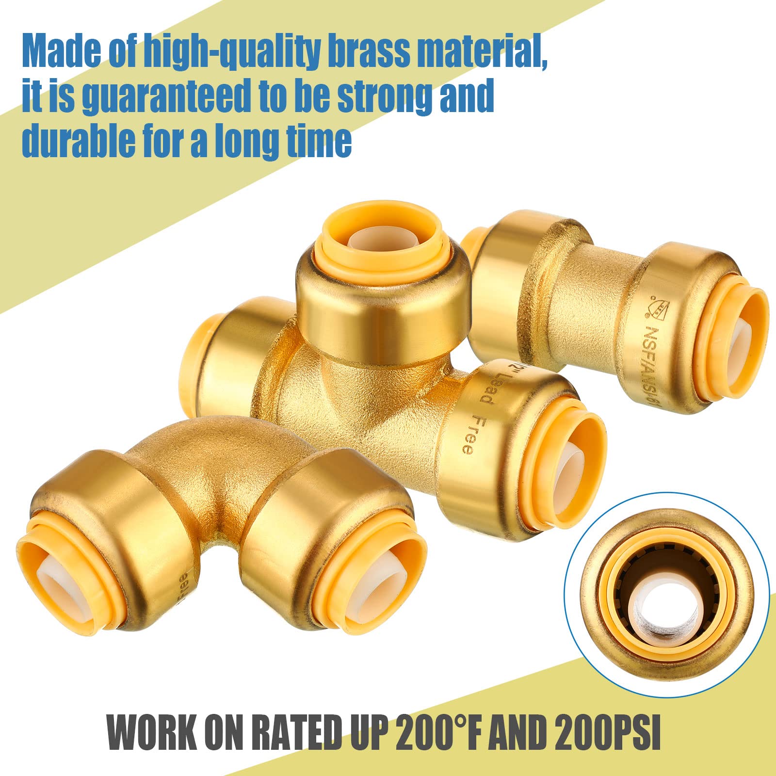 35 Pieces 1/2 Inch Push to Connect Brass Plumbing Fittings Kit - 14 Straight Couplings, 14 Pcs 90 Degree Elbows & 7 Tee Push Fit Connectors for Copper PEX CPVC Pipe - Perfect for DIY Plumbing Repairs and Water Supply Installations