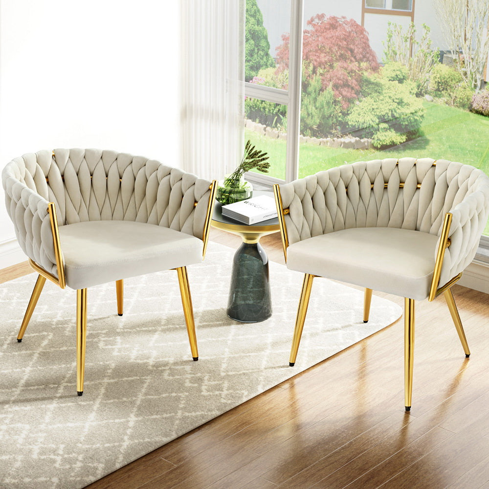 2 Pack Velvet Dining Chairs - Artiss Beige Upholstered Armchairs for Living Room, Bedroom, and Dining Area | Modern Comfortable Seating for Home Decor