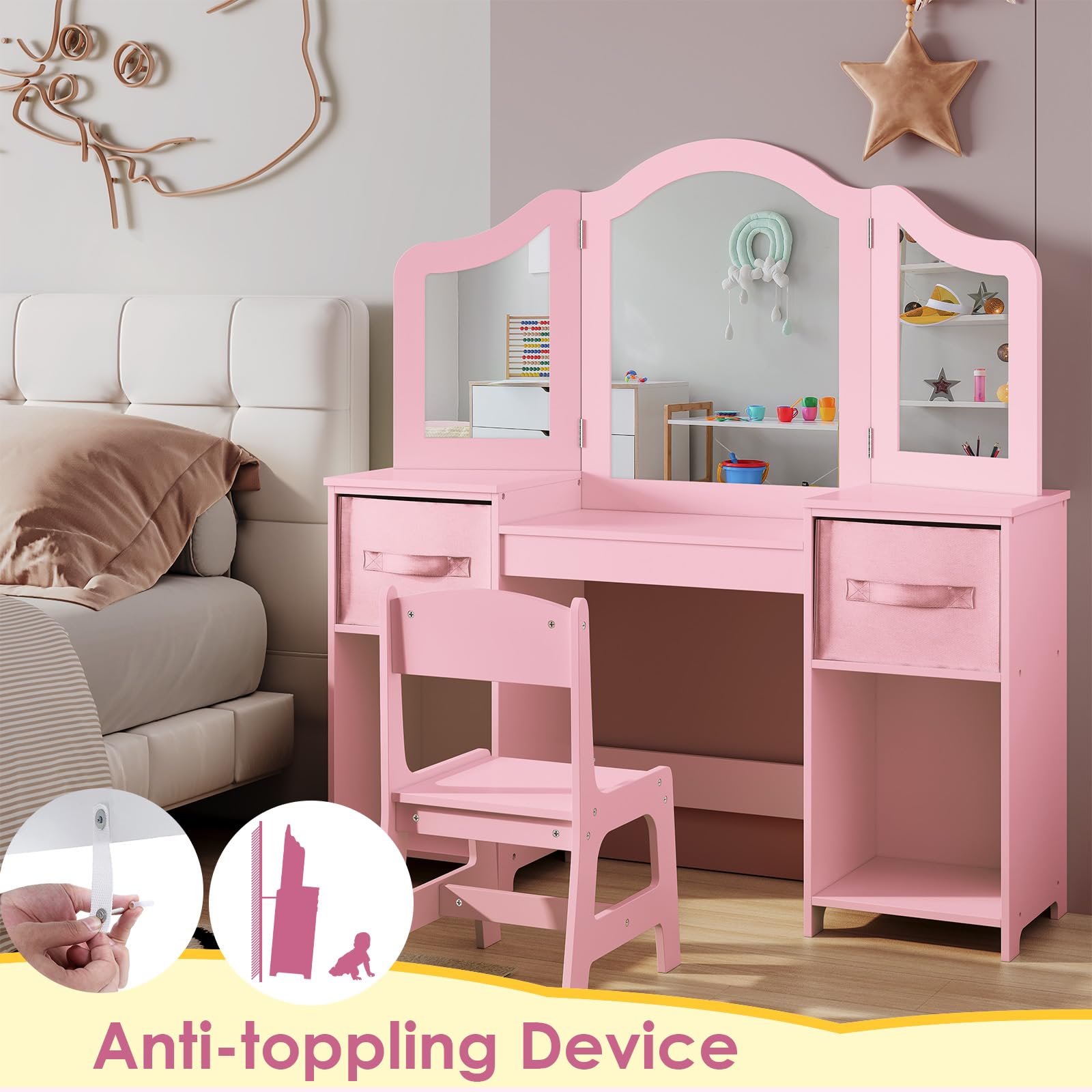 Arlopu Pink Wooden Kids Vanity Set with Tri-Folding Mirror & Stool - Princess Dressing Table for Toddler Girls, Makeup Play Table with Canvas Drawer - Perfect for Birthday Gifts, Pretend Play & Bedroom Decor