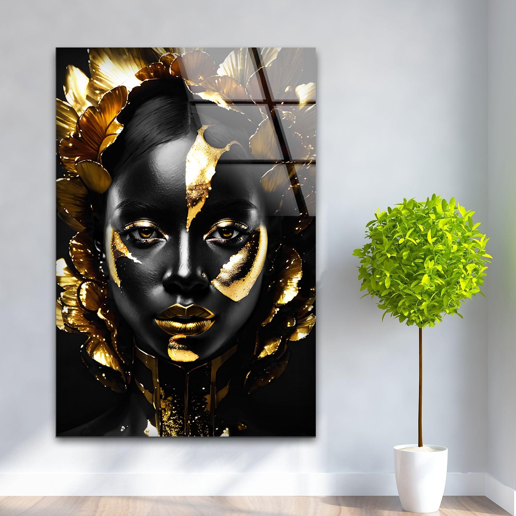 Elegant Black Woman Gold Face Glass Wall Art - Modern Home Decor for Living Room, Bedroom & Office