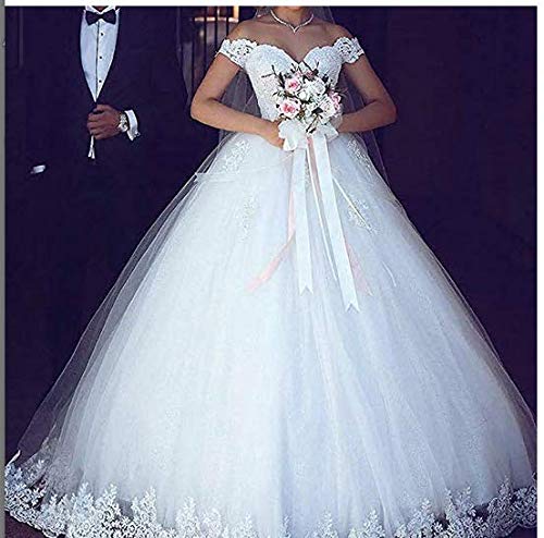 2021 White Princess Off-The-Shoulder Wedding Dress with Lace Applique - Elegant Bridal Ball Gown for Bride - Perfect for Beach Weddings, Church Ceremonies & Romantic Vows