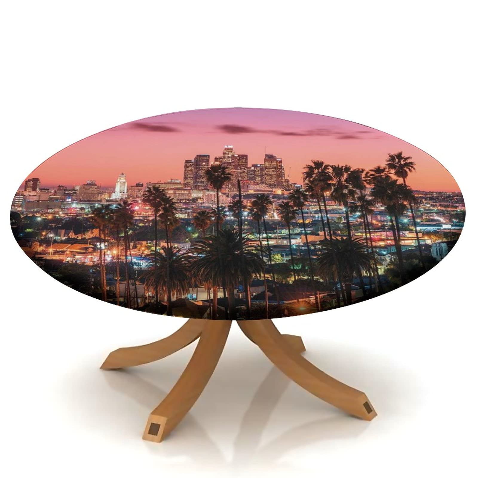 56 Inch Round Fitted Tablecloth - Waterproof & Wipeable Elastic Edge for 48 Inch Tables | Vibrant Los Angeles Sunset with Palm Trees Design | Perfect for Outdoor Dining, Picnics, and Party Decorations