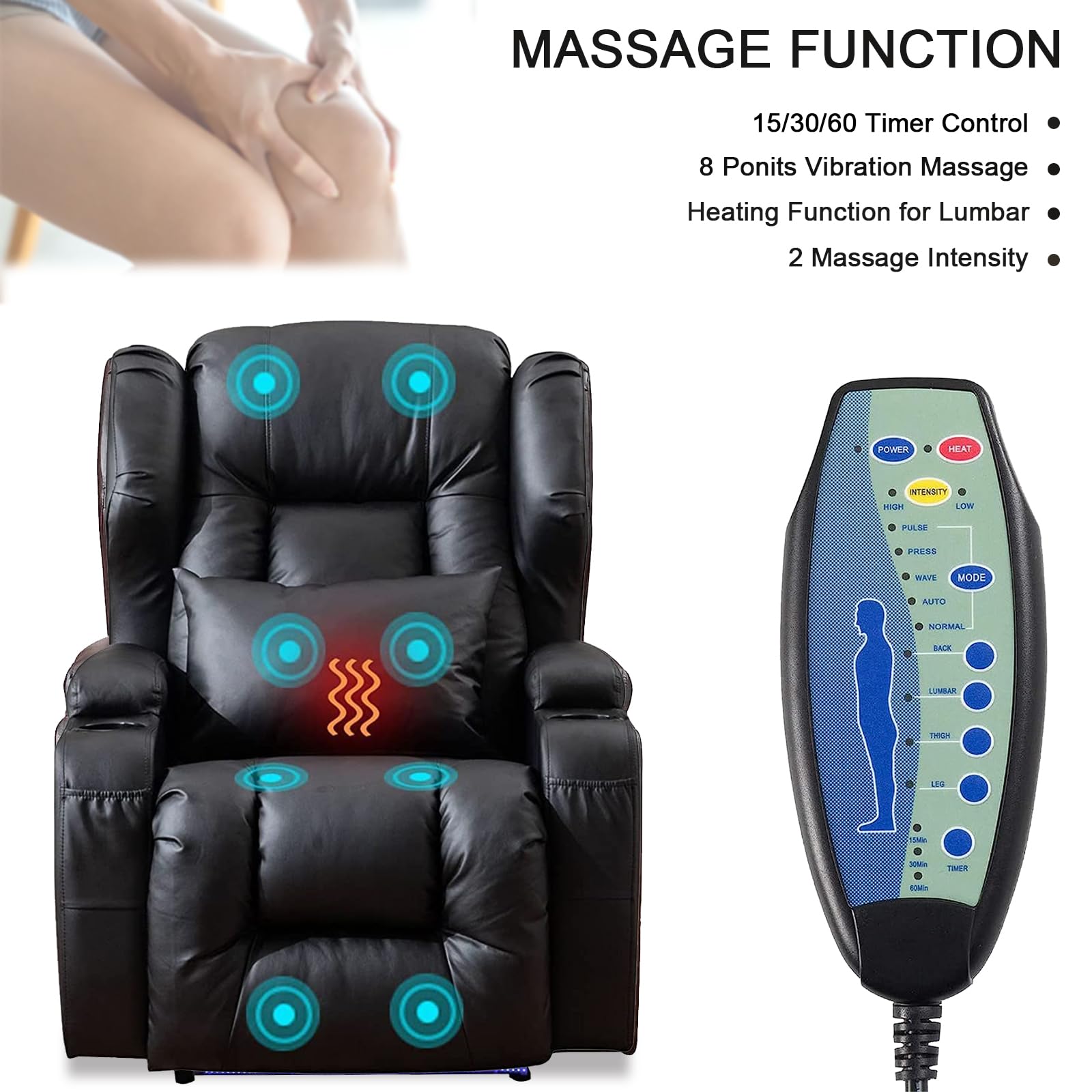 Premium Power Recliner Chair with Heat & Massage - Electric Overstuffed Home Theater Seating, Gaming & Sleeper Recliner with LED Lights, Lumbar Support, USB Ports & Cup Holders - Perfect for Movie Nights, Gaming Sessions & Relaxation at Home