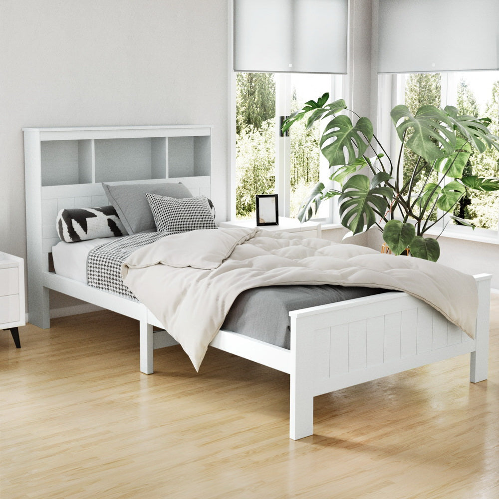 Kids Conqueror Wooden Timber King Single Bed Frame with Built-in Shelves - White | Space-Saving Storage Solution for Children's Bedroom & Playroom