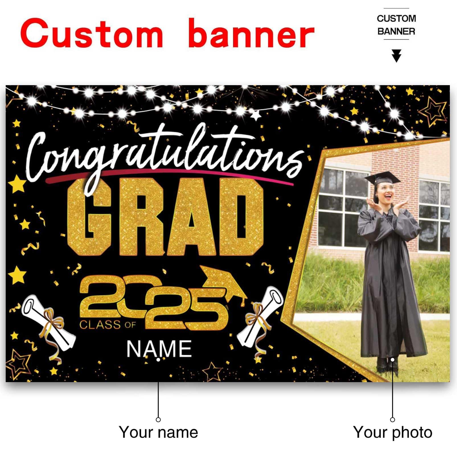 2025 Custom Graduation Party Decorations - Personalized Large Congrats Grad Banner with Black & Gold Backdrop | Perfect for High School & College Graduation Ceremonies, Photo Booths & Celebration Parties