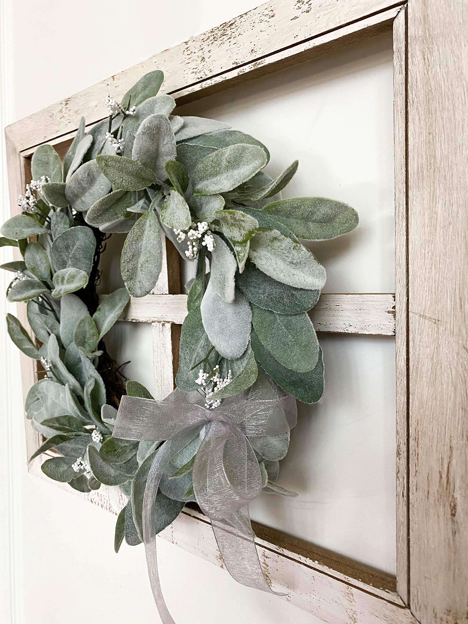 Farmhouse Rustic Window Frame with Lambs Ear Wreath - Decorative Wall Hanging for Home, Front Door, Living Room & Entryway Decor - Perfect for Spring, Summer, Fall & Winter Seasonal Decorations