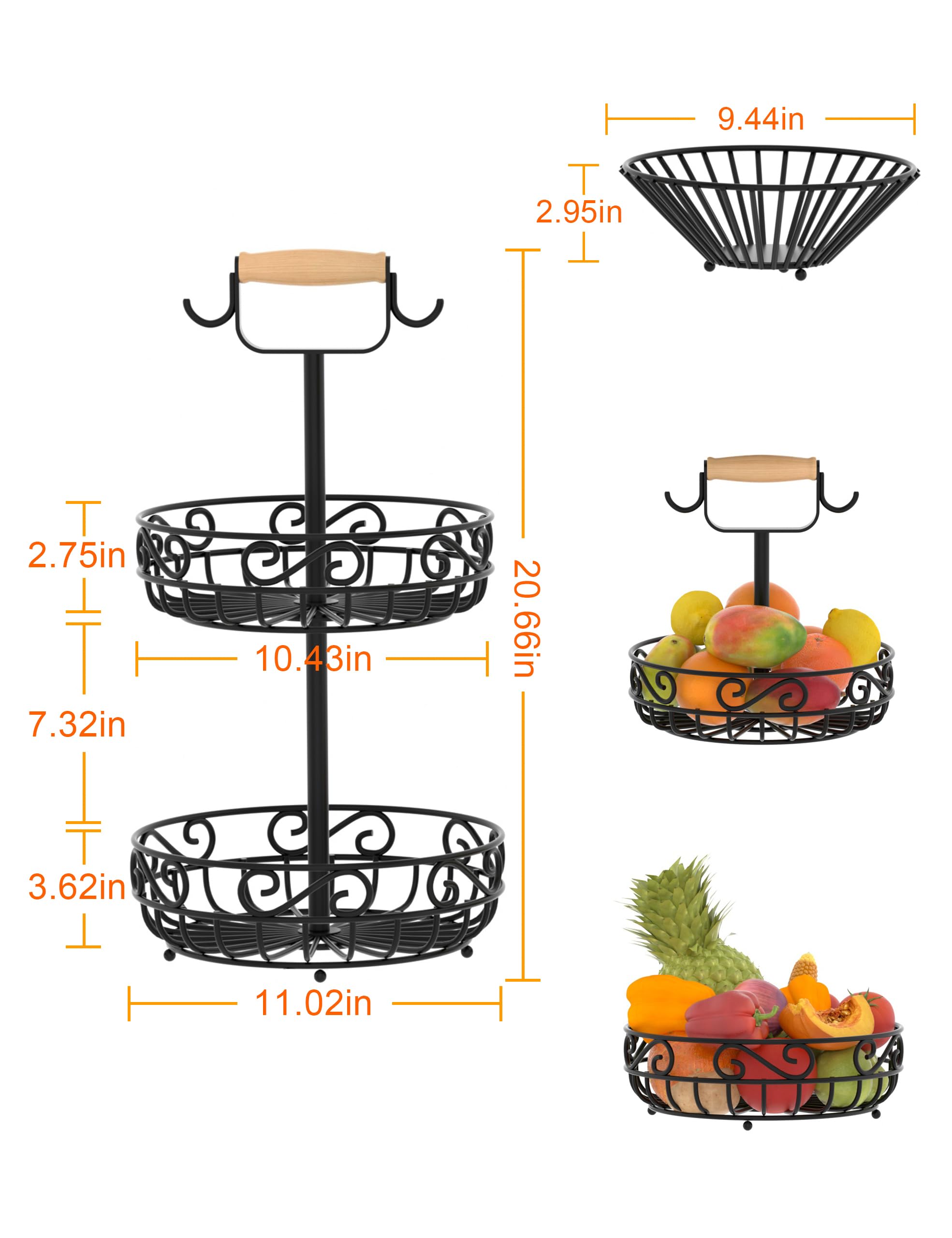 2-Tier Bamboo Fruit and Vegetable Basket with Banana Hanger & Wood Handle - Kitchen Counter Storage for Bread, Onions, Potatoes, Produce - Perfect for Organizing Fruits, Veggies in Pantry or Dining Room