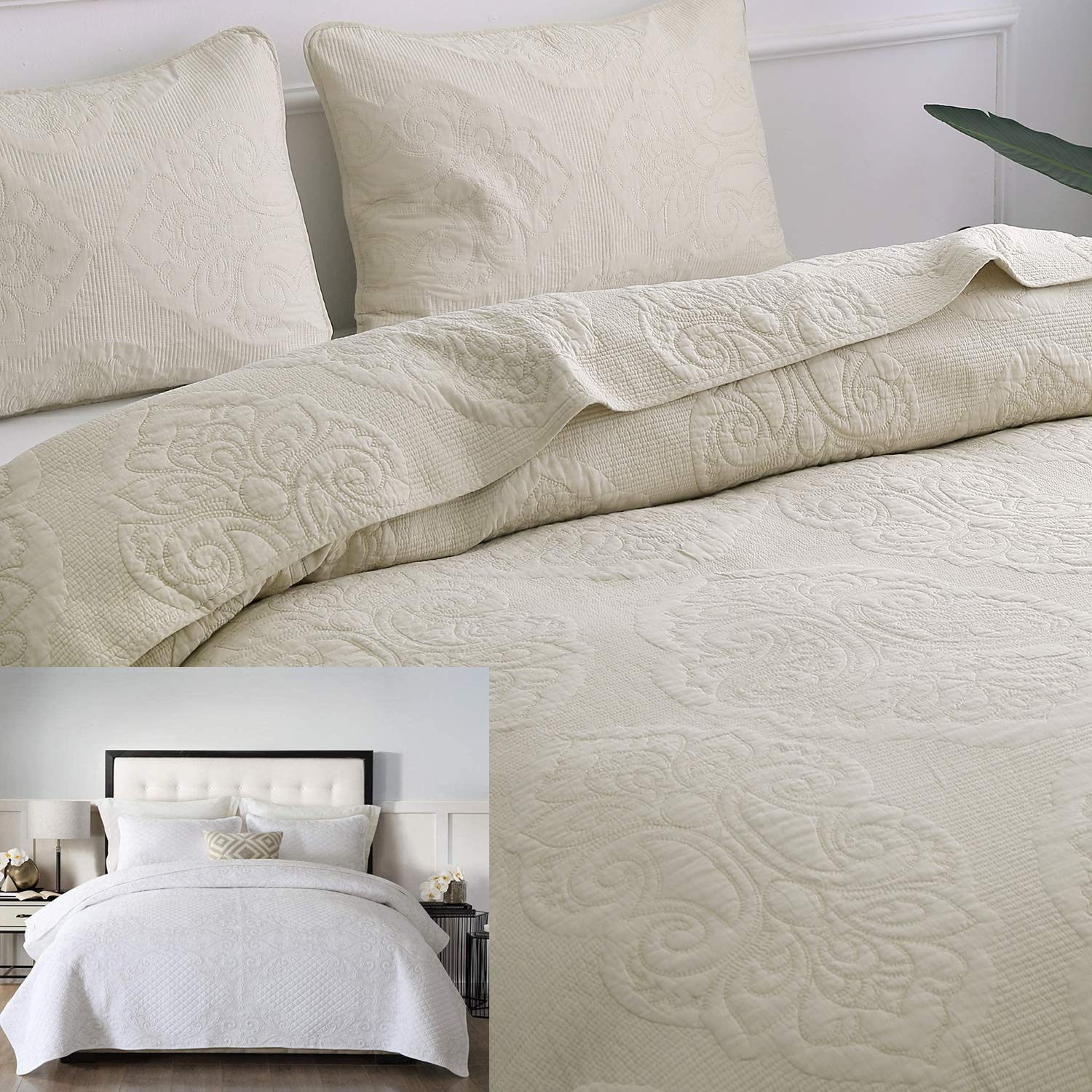 Brandream Queen Size Quilt Set - 2 Packs Farmhouse Vintage Paisley Comforter in Beige & White | Cozy Bedding for Guest Rooms, Master Bedrooms & Vacation Homes