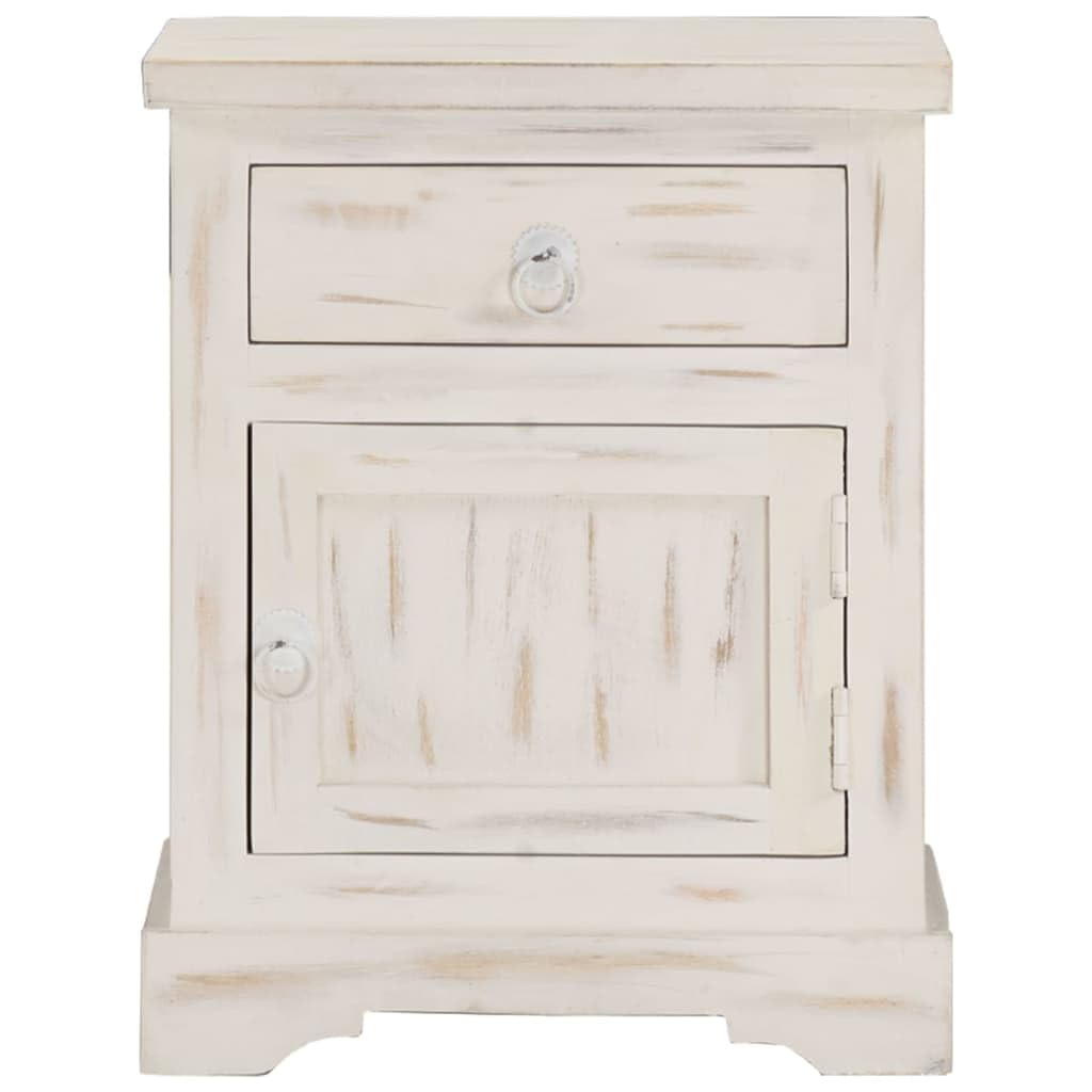 vidaXL Solid Mango Wood Bedside Cabinet with Drawer and Door - Antique-Style White Nightstand for Bedroom, Living Room, 15.7