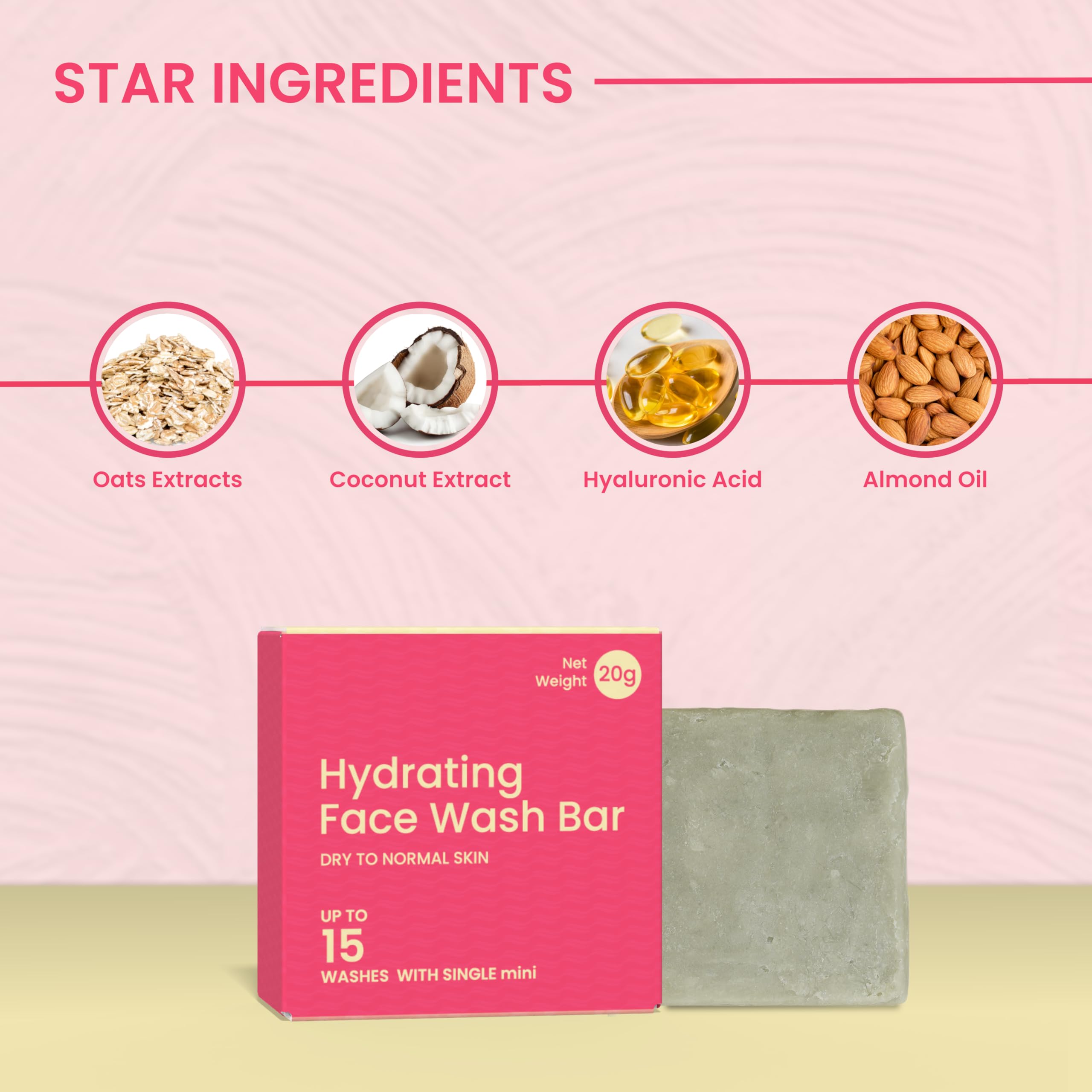 Prezerve Mini Hydrating Face Wash Bar for Dry to Normal Skin - pH Balanced Vegan Cleansing Bar with Oats, Coconut Extract, Hyaluronic Acid & Almond Oil - Sulfate & Paraben Free, Soap Free - 20g Travel Size | Perfect for Daily Skincare Routine, Gym Bag & On-the-Go Use