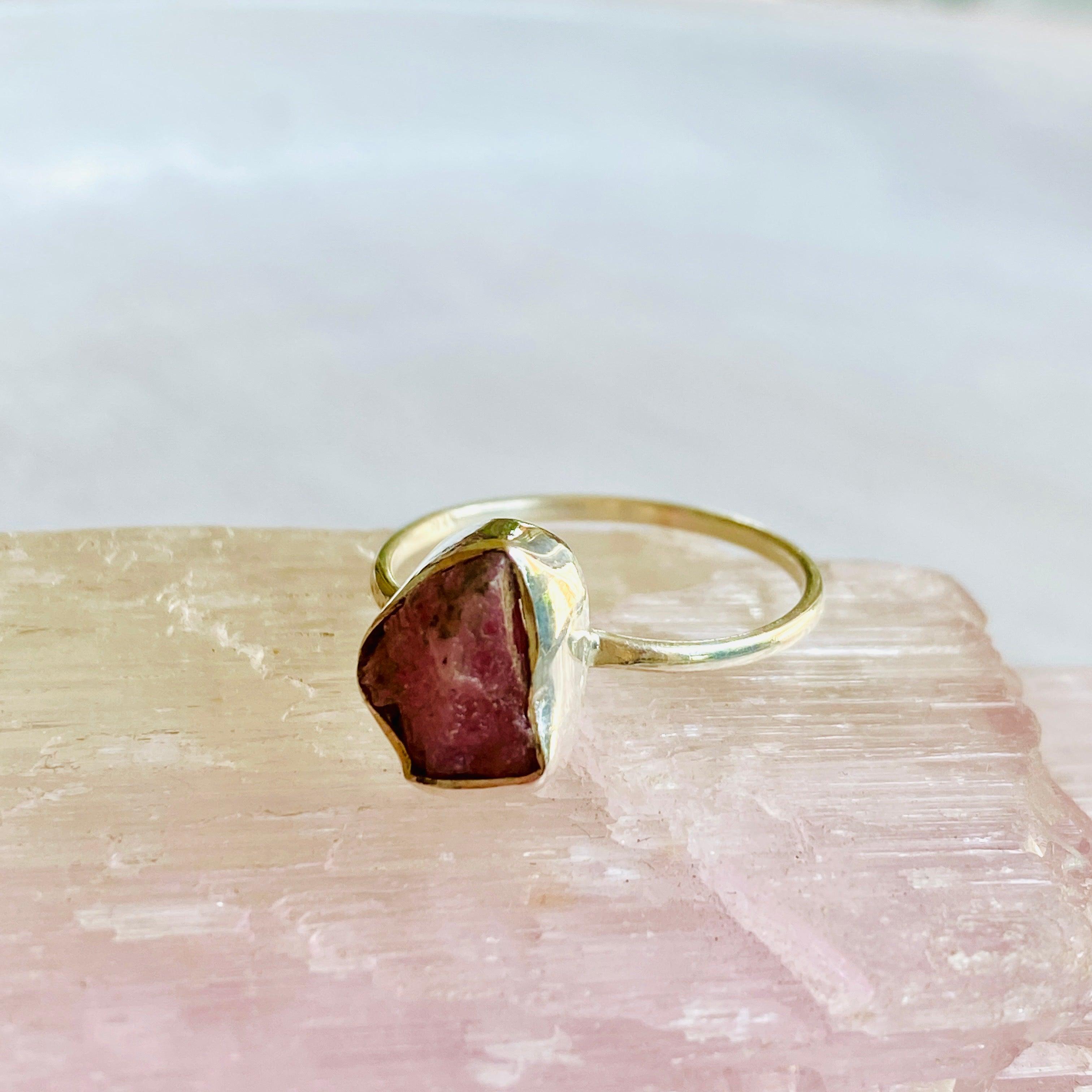 Natural Pink Tourmaline Raw Crystal Ring - Handmade Fine Jewelry for Women - Elegant Band Ring R3701 PT - Perfect for Boho Style, Spiritual Healing & Everyday Wear