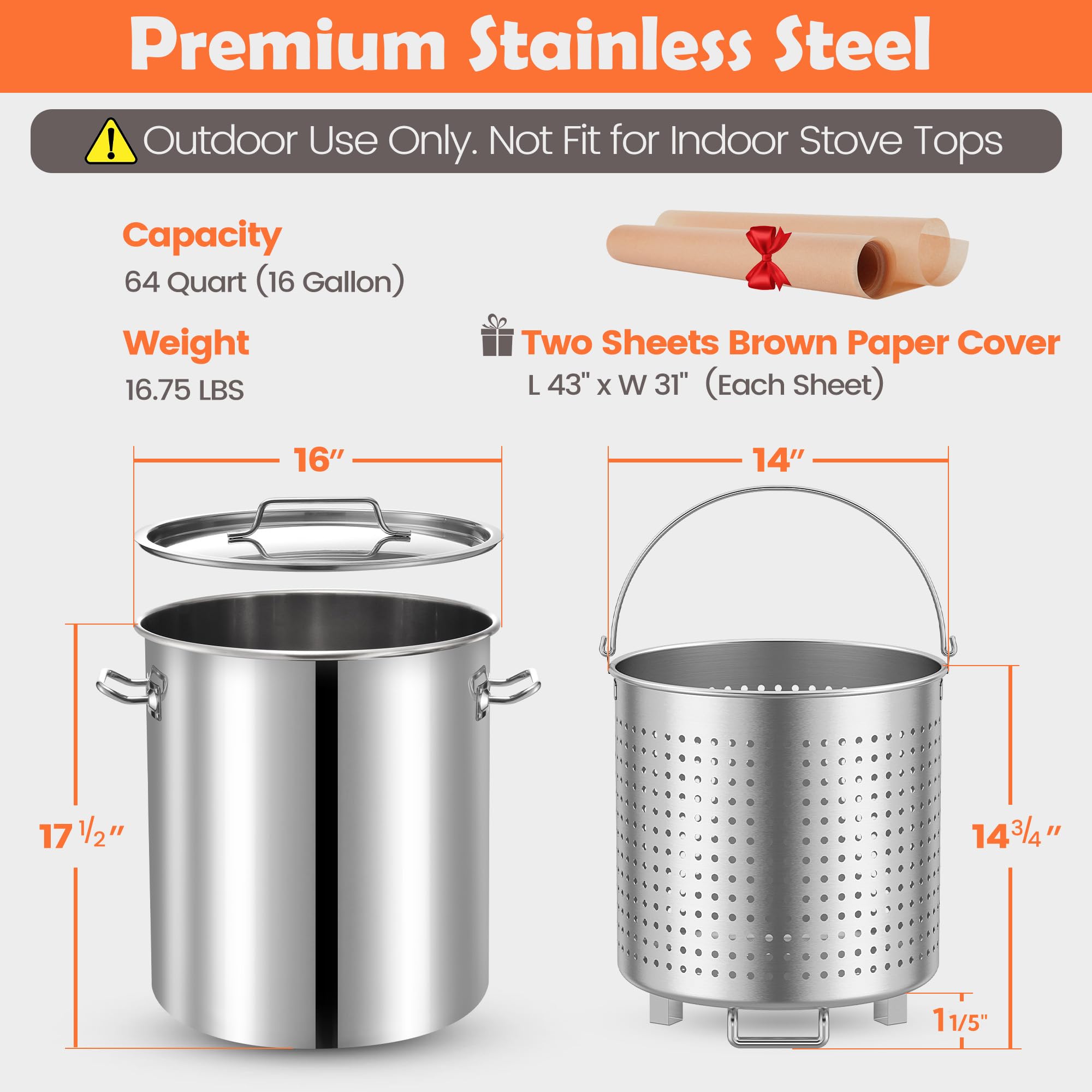 64-Quart Stainless Steel Seafood Boil Pot with Basket & Strainer - Perfect for Crawfish, Crab, Lobster & Shrimp Boils - Includes 2 Brown Paper Liners - Also Great for Turkey Frying & Large Batch Cooking (16 Gallon)