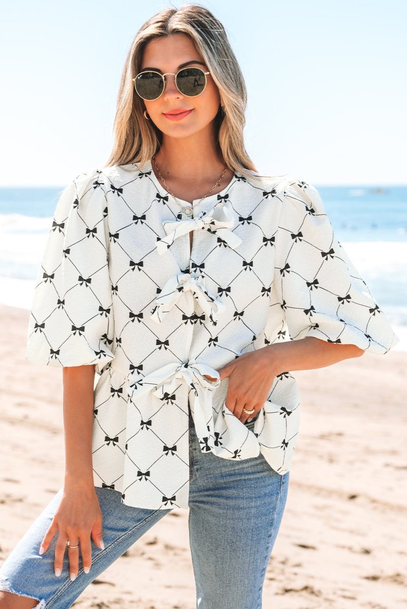Elegant White Bowknot Print Bubble Sleeve Blouse with Front Knots - Perfect for Office Wear, Date Nights & Special Occasions