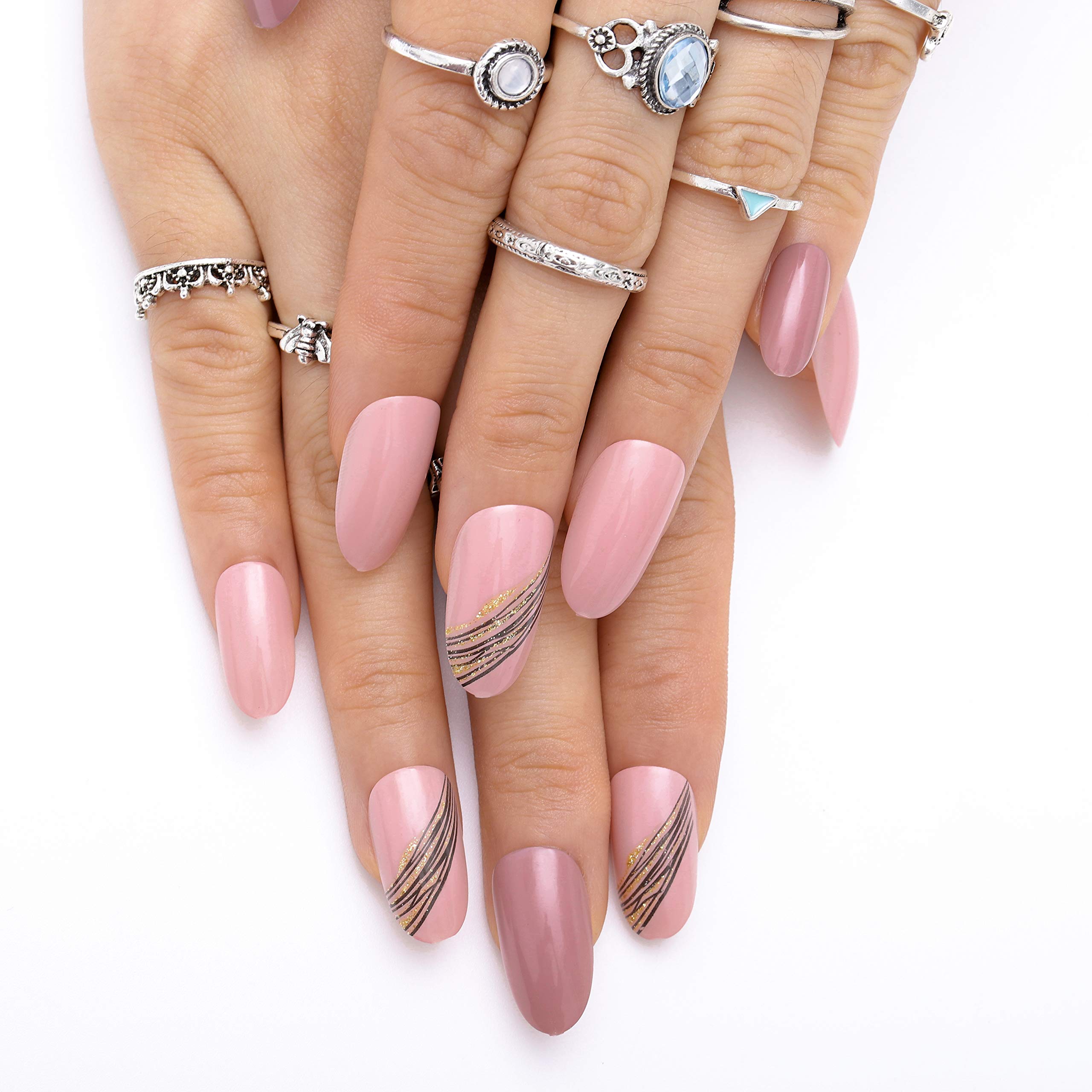 Blufly 24Pcs Glossy Stripe Press on Nails - Long Oval Shiny Frosted Fake Nails with Geometric Glitter Design, French Tip Acrylic Ballerina False Nails for Women and Girls (Fr-2) | Perfect for Parties, Weddings, Date Nights and Special Occasions