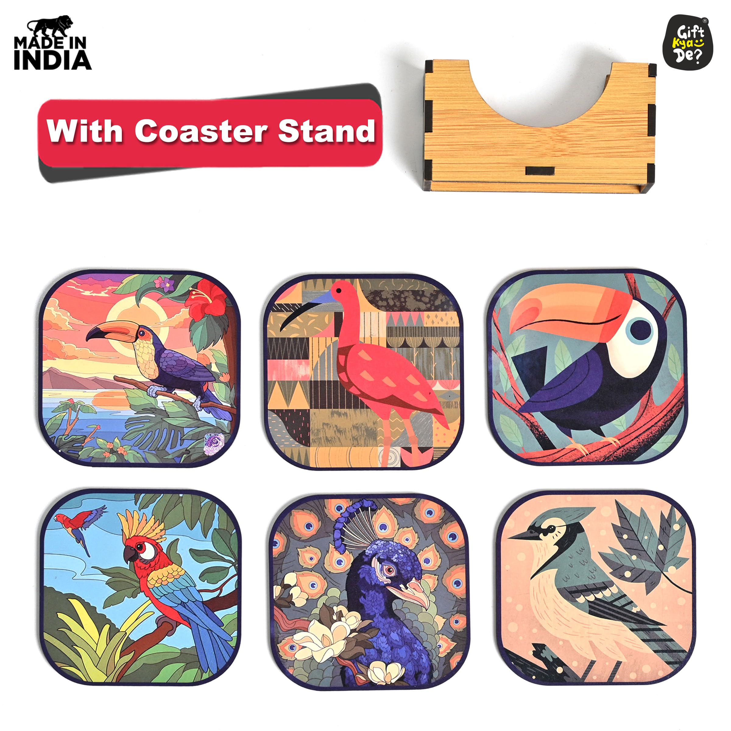 GKD Set of 6 Wooden Coasters with Birds Design - 3.8 x 3.8 Inch Eco-Friendly Drink Coasters for Tea Cups, Coffee Mugs & Glasses - Perfect for Home, Office & Restaurant Use