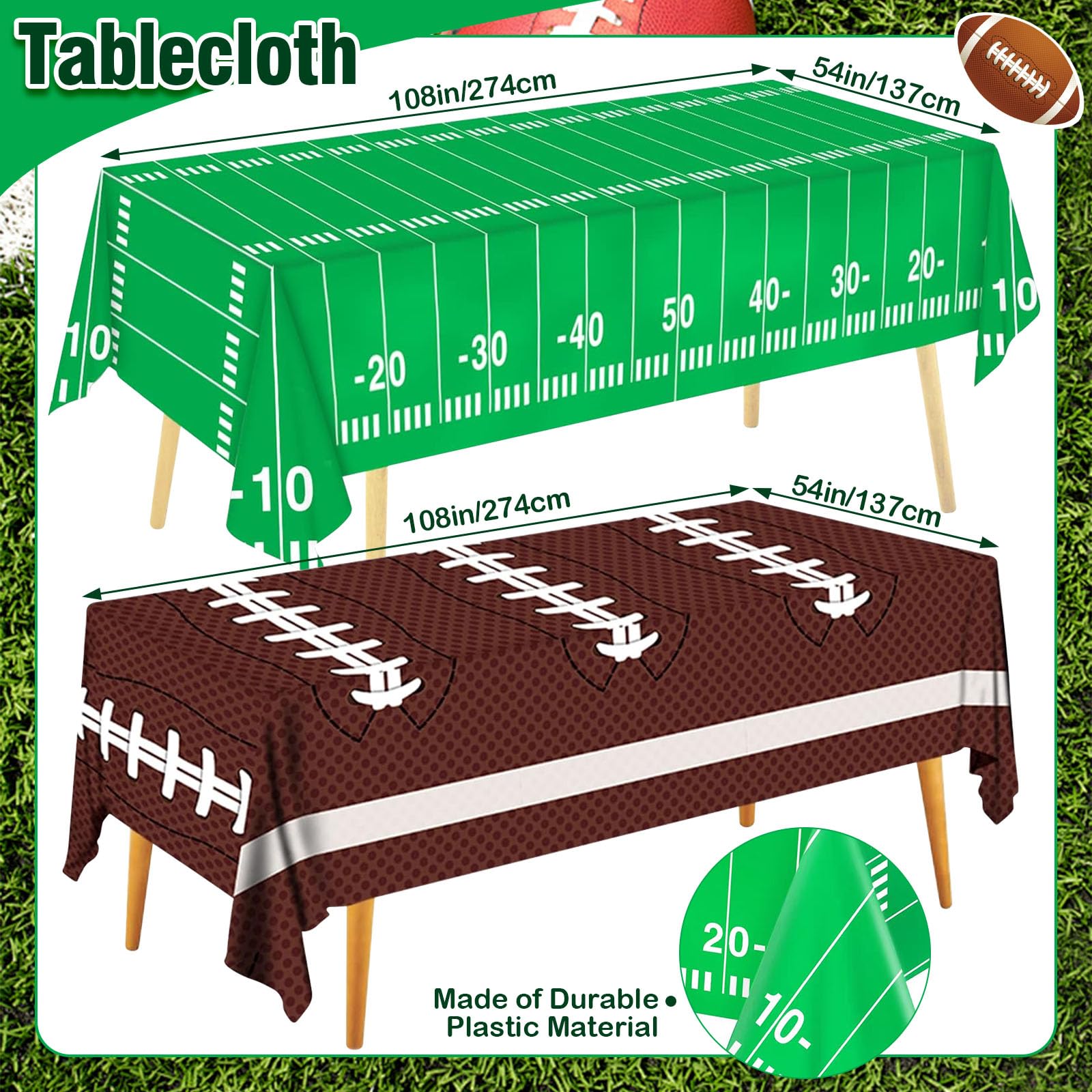 Super Bowl Party Decorations - 2 Pack Disposable Football Tablecloths 54x108 Inch, Touchdown Themed Plastic Table Covers for Football Birthday Parties, Tailgate Decorations & Game Day Celebrations - Perfect for Super Bowl, NFL Watch Parties & Sports Themed Events