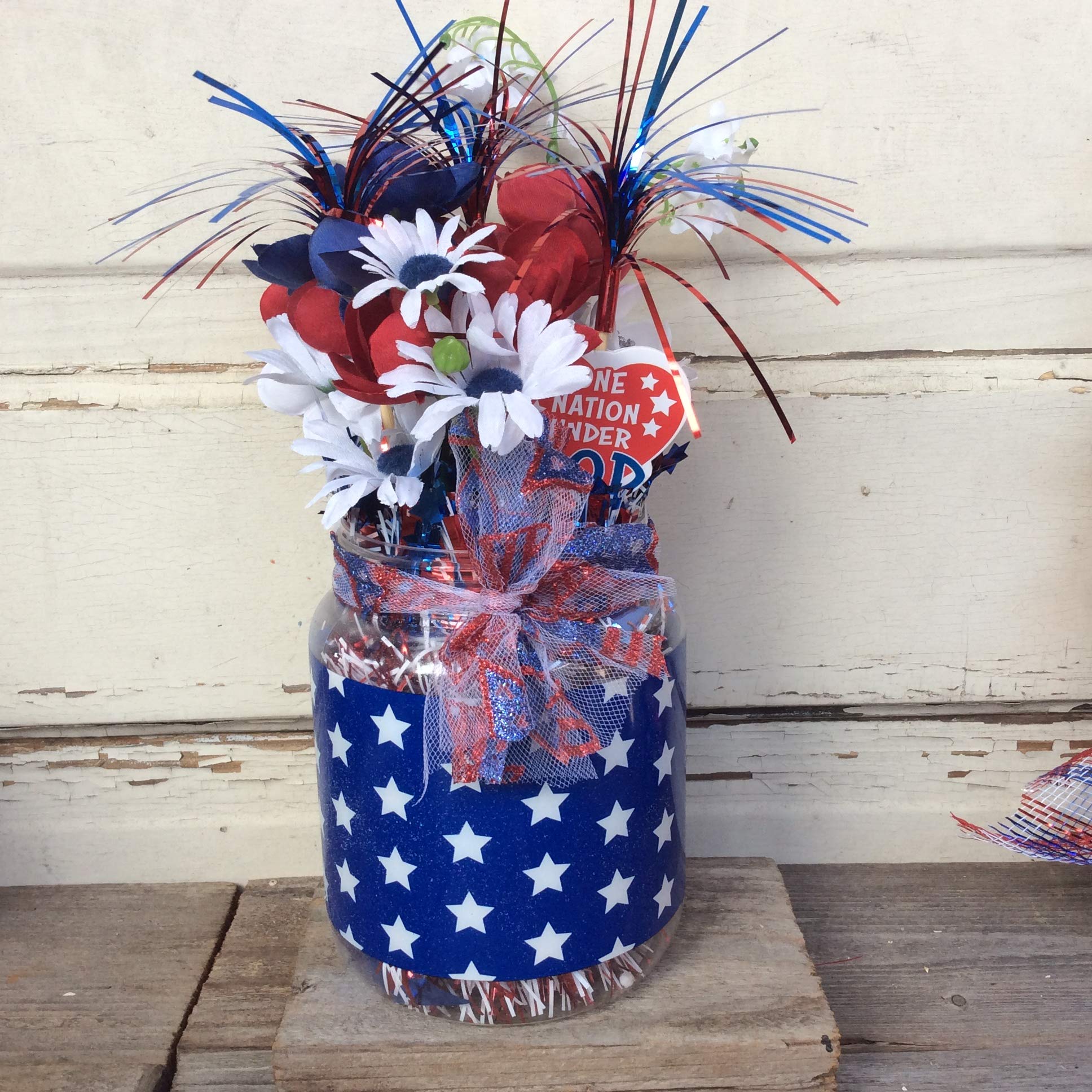AGD Patriotic Decor - God Bless America Small Floral Centerpiece for Table, Home, and Independence Day Celebrations | Red White and Blue Floral Arrangement